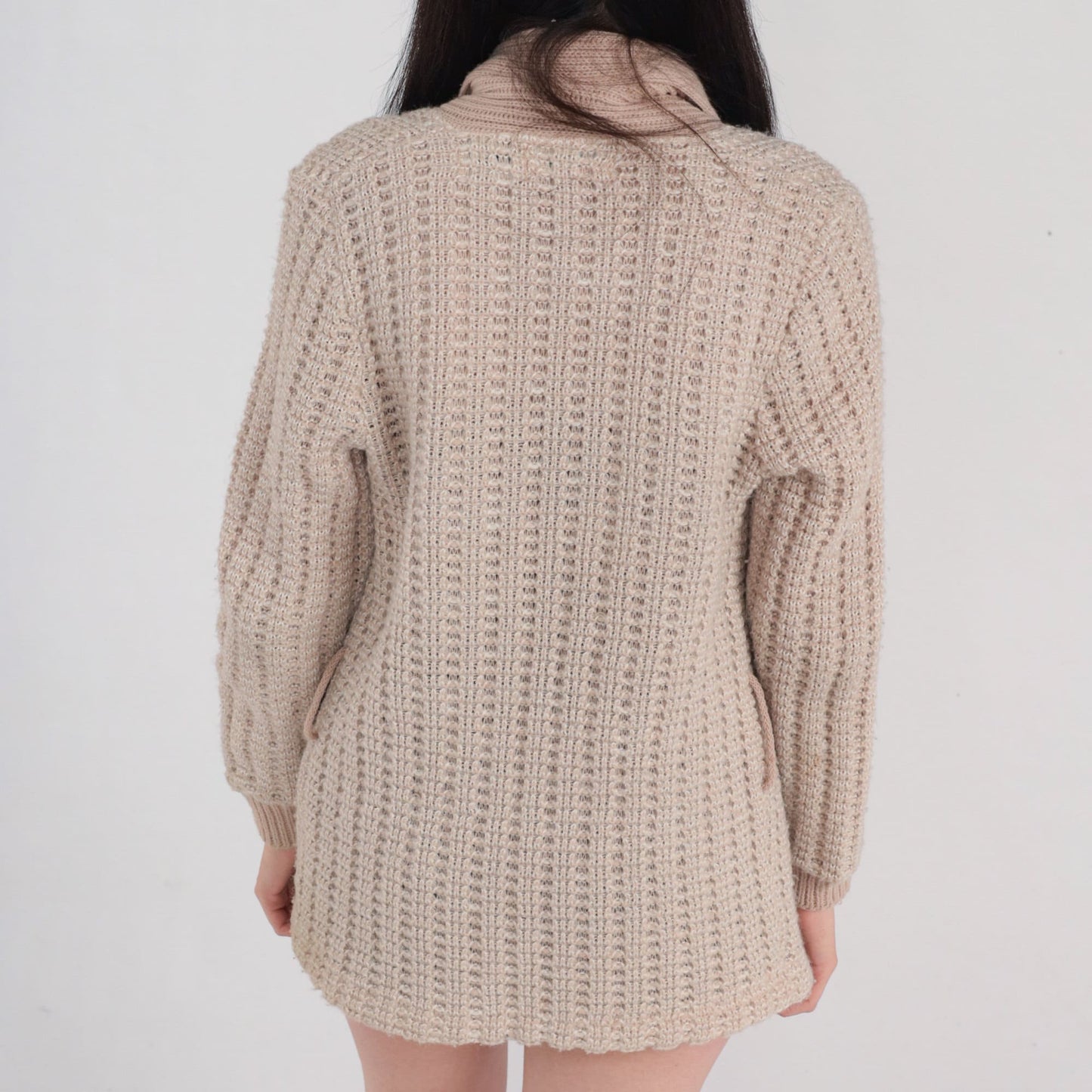 70s Light Brown Knit Cardigan Open Front Sweater Small S