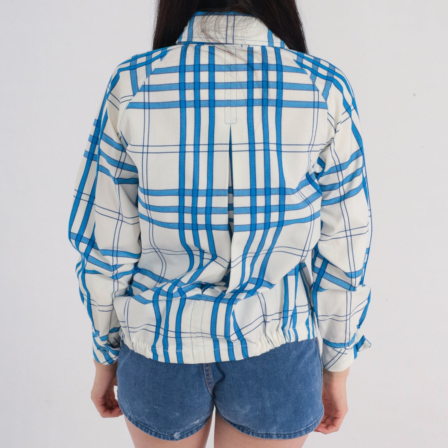 60s Plaid Button-Up Jacket White Blue Checkered Cotton Raglan Medium