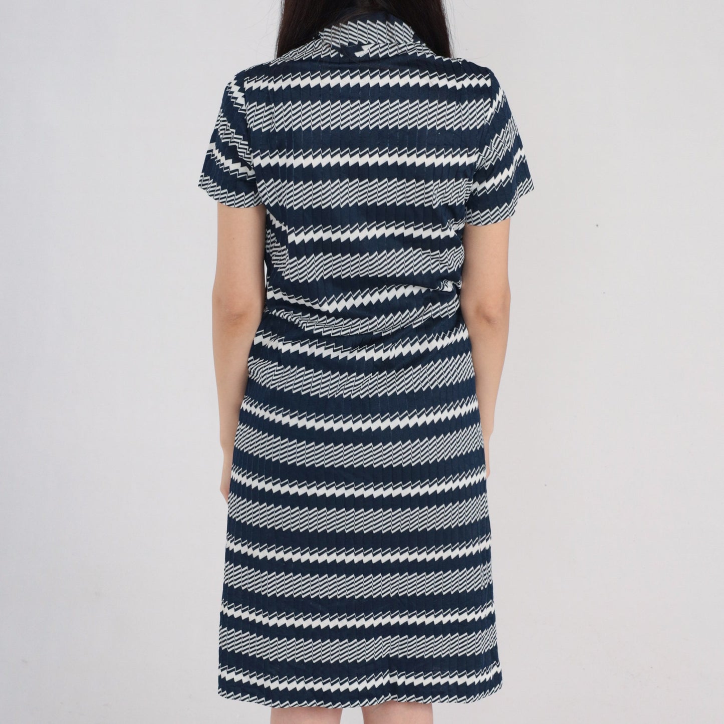 1960s Mod Dress Navy Blue White Geometric Striped Zip Front Knee Length Small