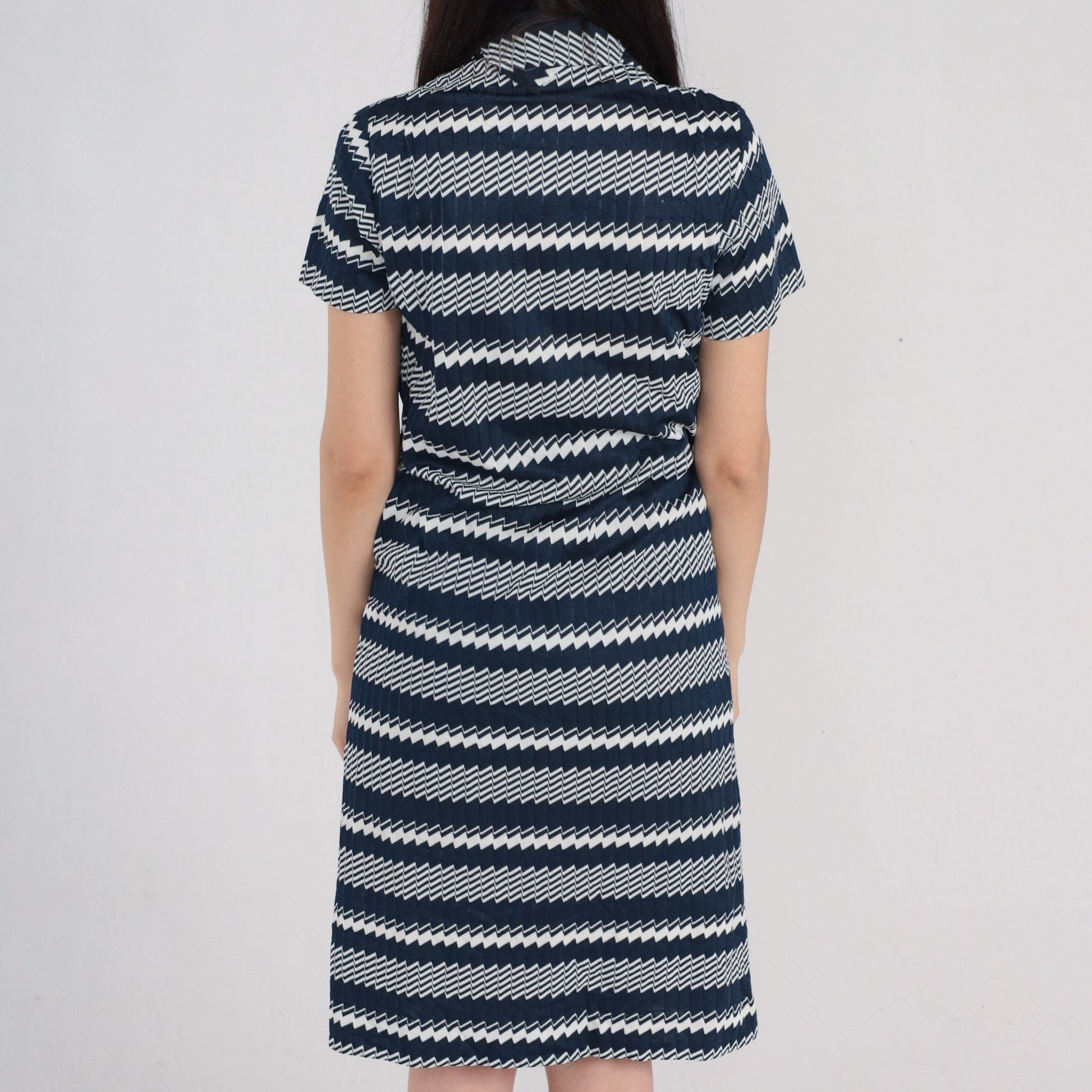 1960s Mod Dress Navy Blue White Geometric Striped Zip Front Knee Length Small