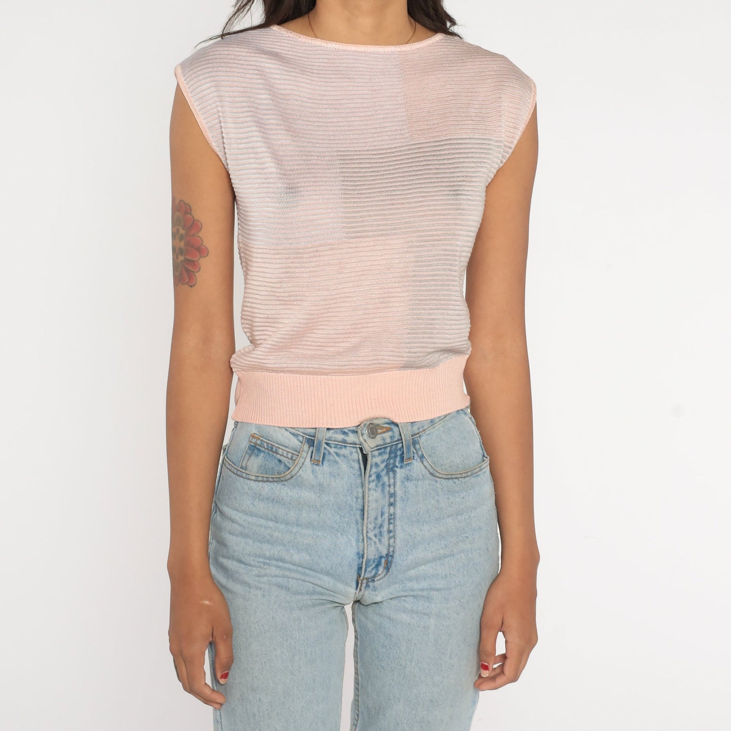 00s Pink Grey Colour Block Knit Cap Sleeve Sweater Top Extra Small