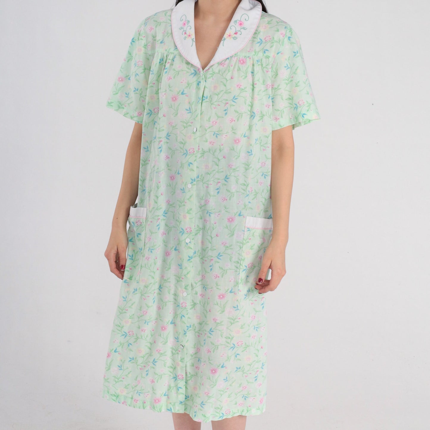 70s Floral Embroidered Nightgown Green Midi Snap Button Pajama Dress Medium
