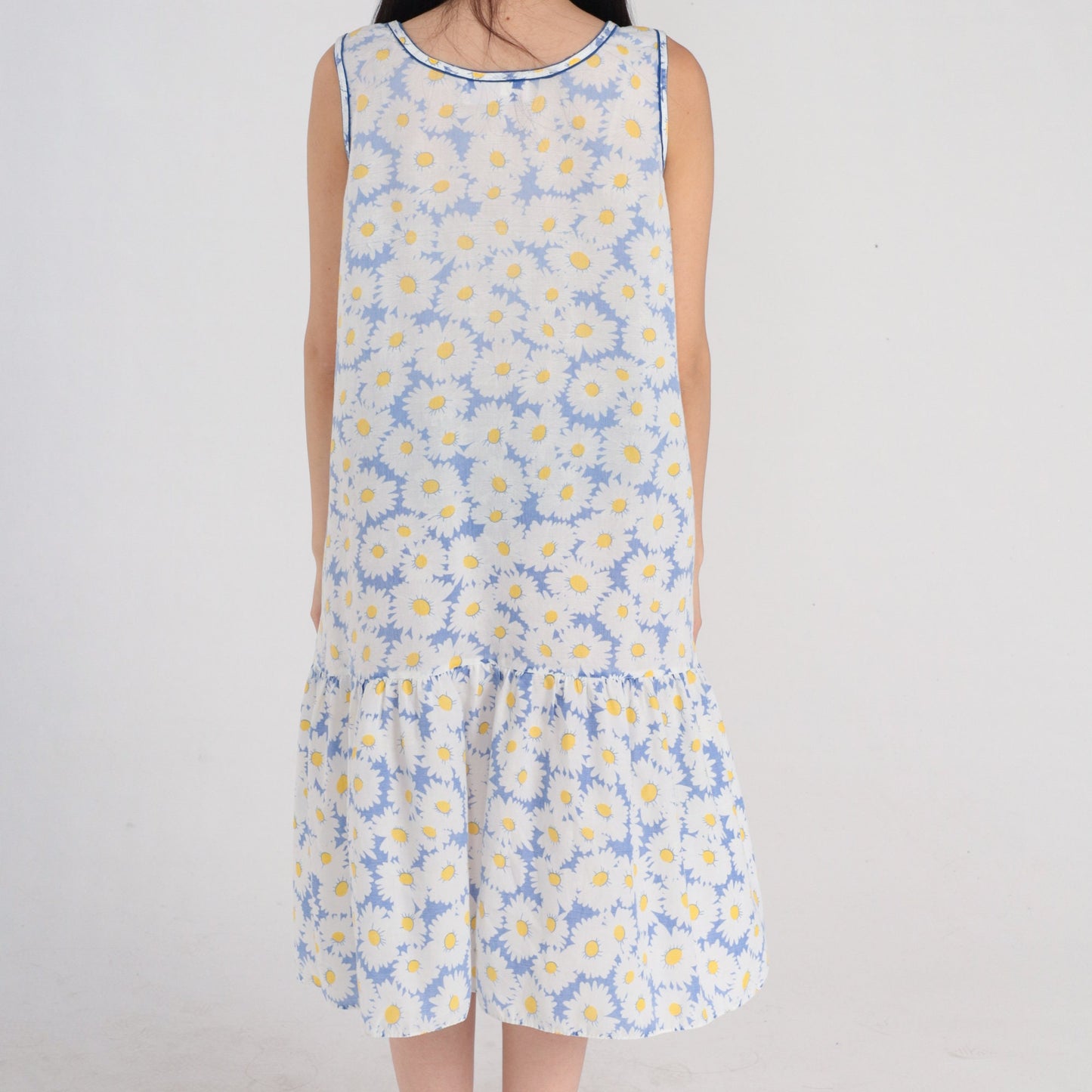 80s Floral Daisy Print Midi Dress Drop Waist Sleeveless Blue White Medium M