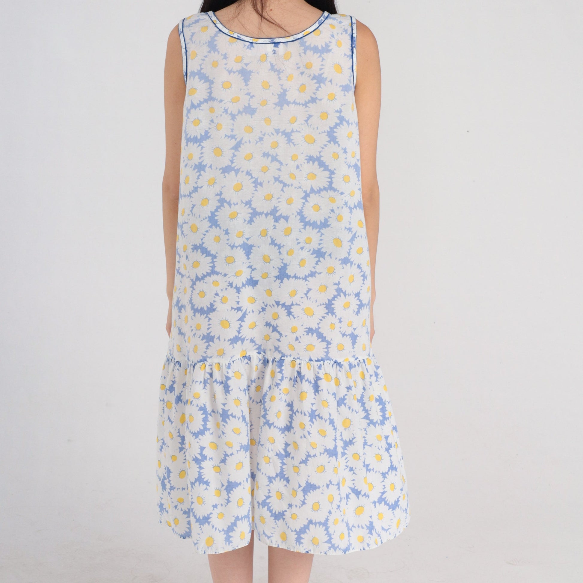 80s Floral Daisy Print Midi Dress Drop Waist Sleeveless Blue White Medium M