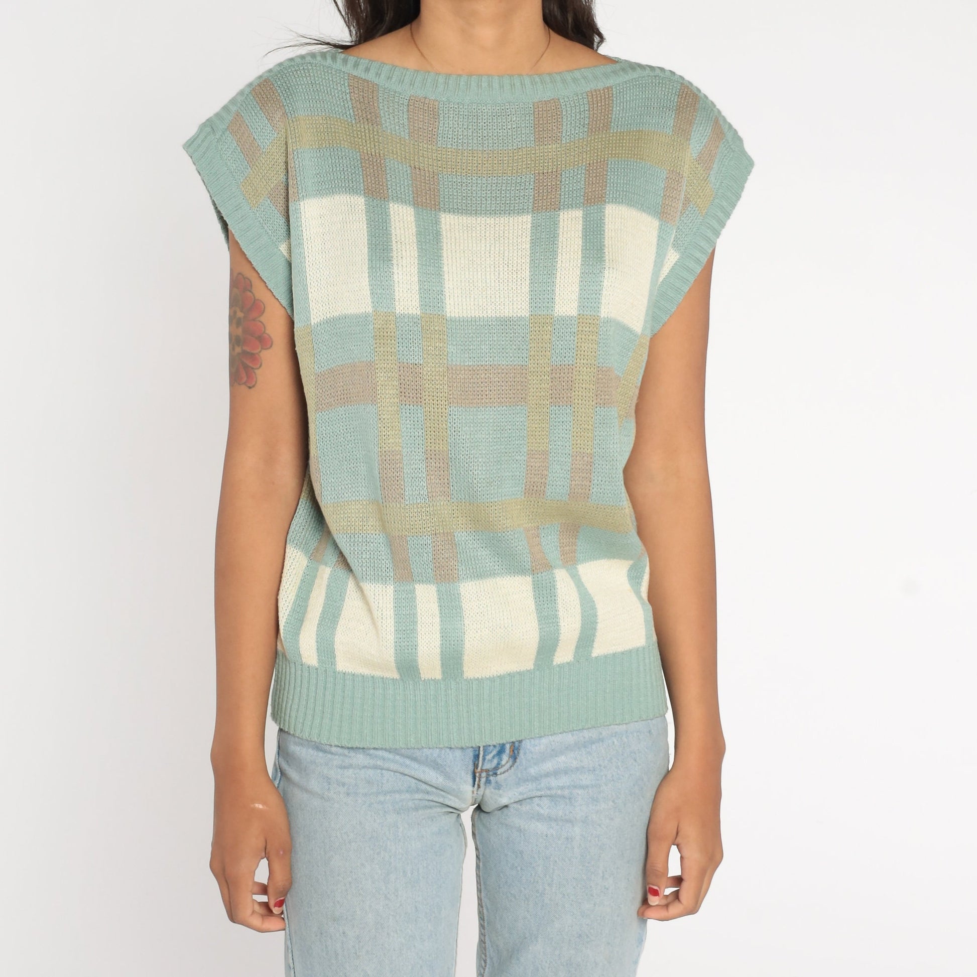 80s Bay Club Seafoam Checkered Knit Boatneck Cap Sleeve Top Medium Large
