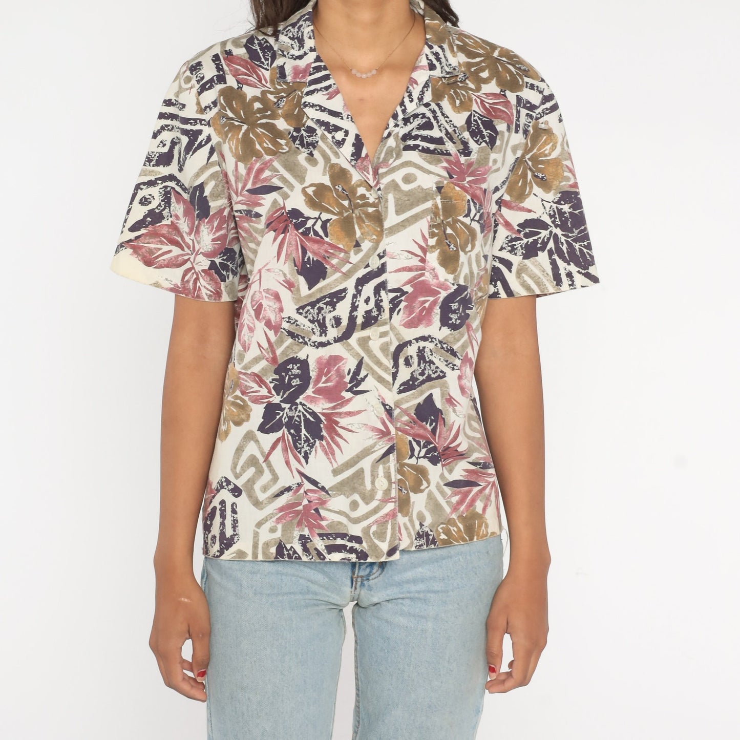 80s Tropical Floral Button-Up Blouse Off-White Purple Short Sleeve Cotton Large