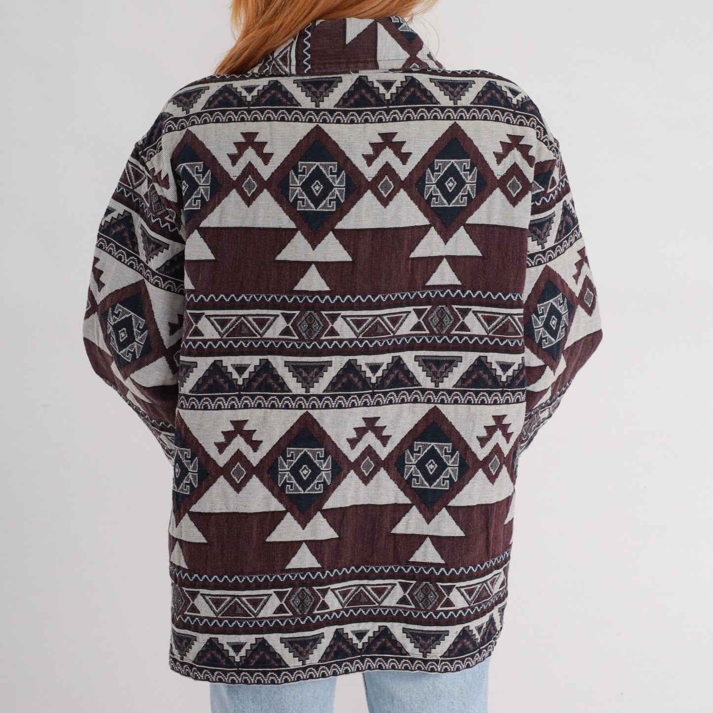 90s Southwestern Tapestry Jacket Brown Navy White Aztec Print Extra Extra Large XXL
