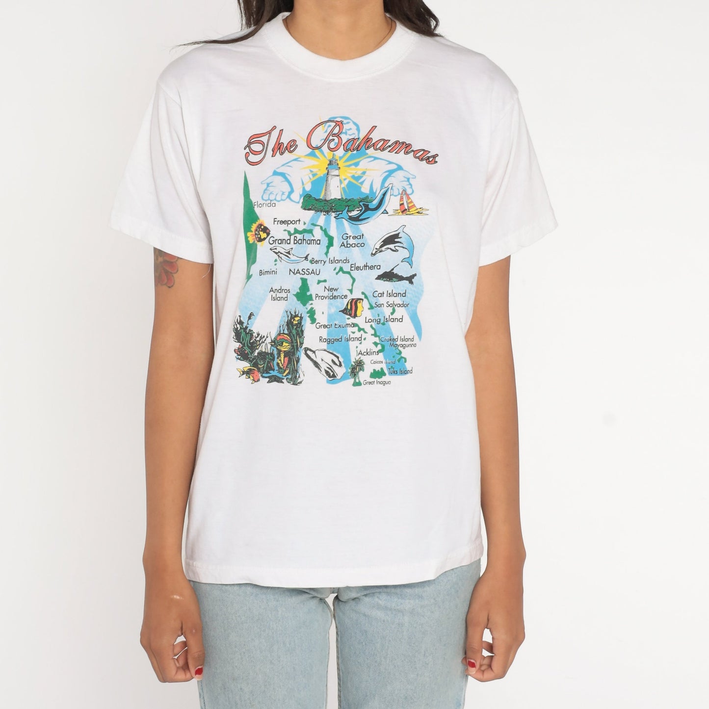 90s Bahamas Graphic T-Shirt Caribbean Islands Dolphin Tee White Medium
