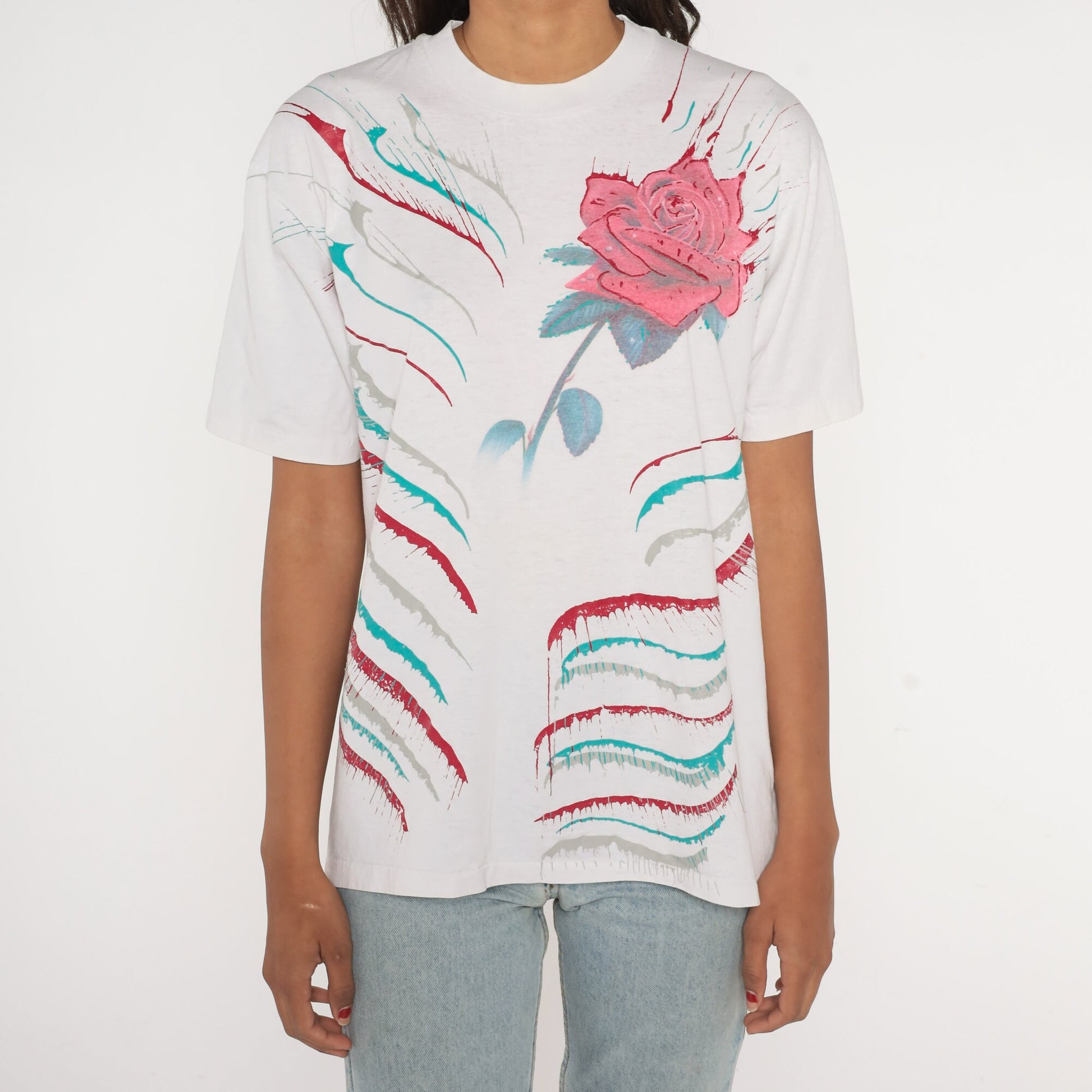 90s Painted Rose Graphic T-Shirt Floral Print White Cotton Medium Large