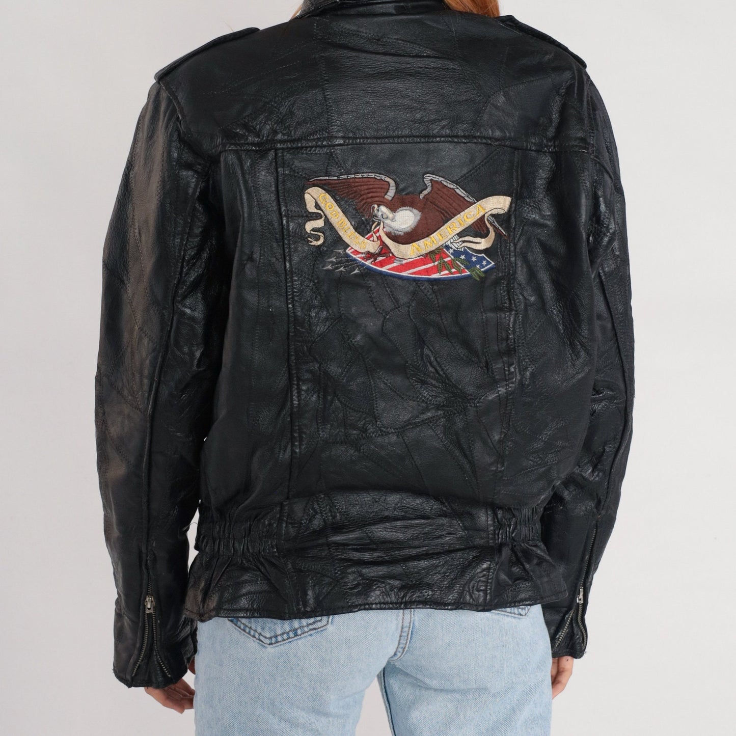 80s Black Leather Motorcycle Jacket Eagle Patch Men's Small