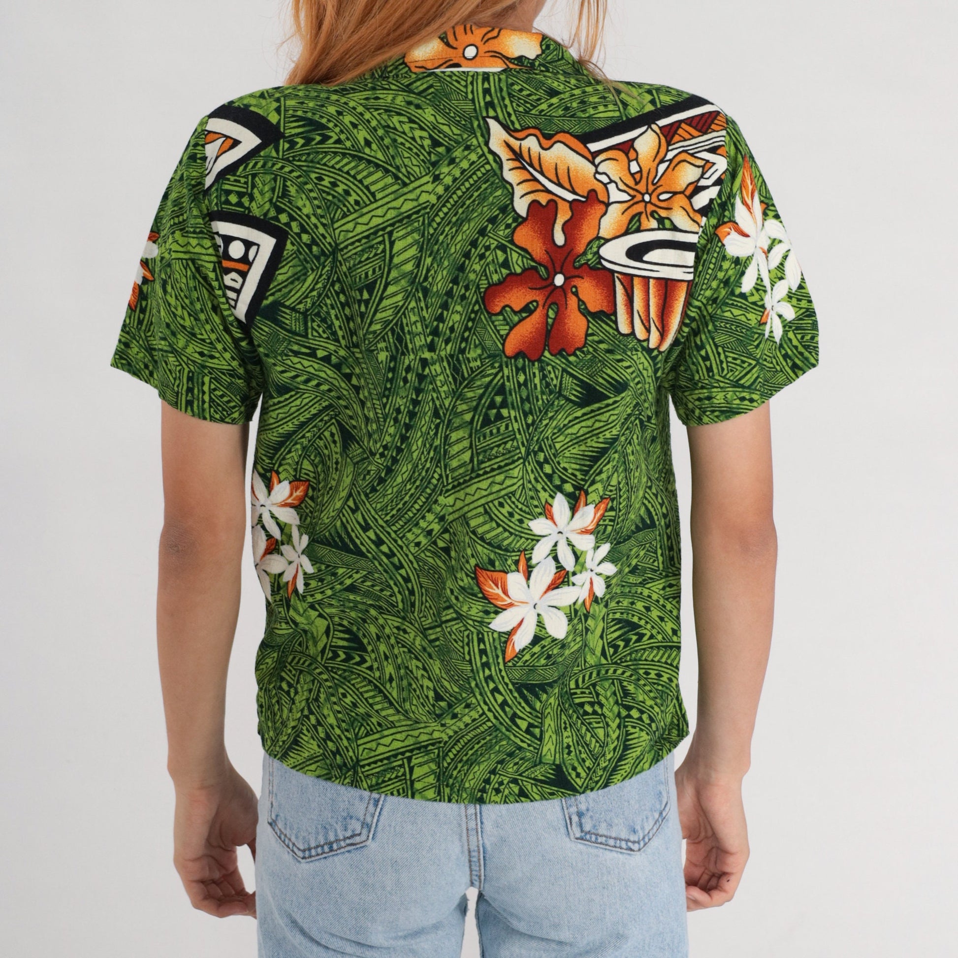 80s Tropical Floral Green Hawaiian Button-Up Blouse Short Sleeve Small