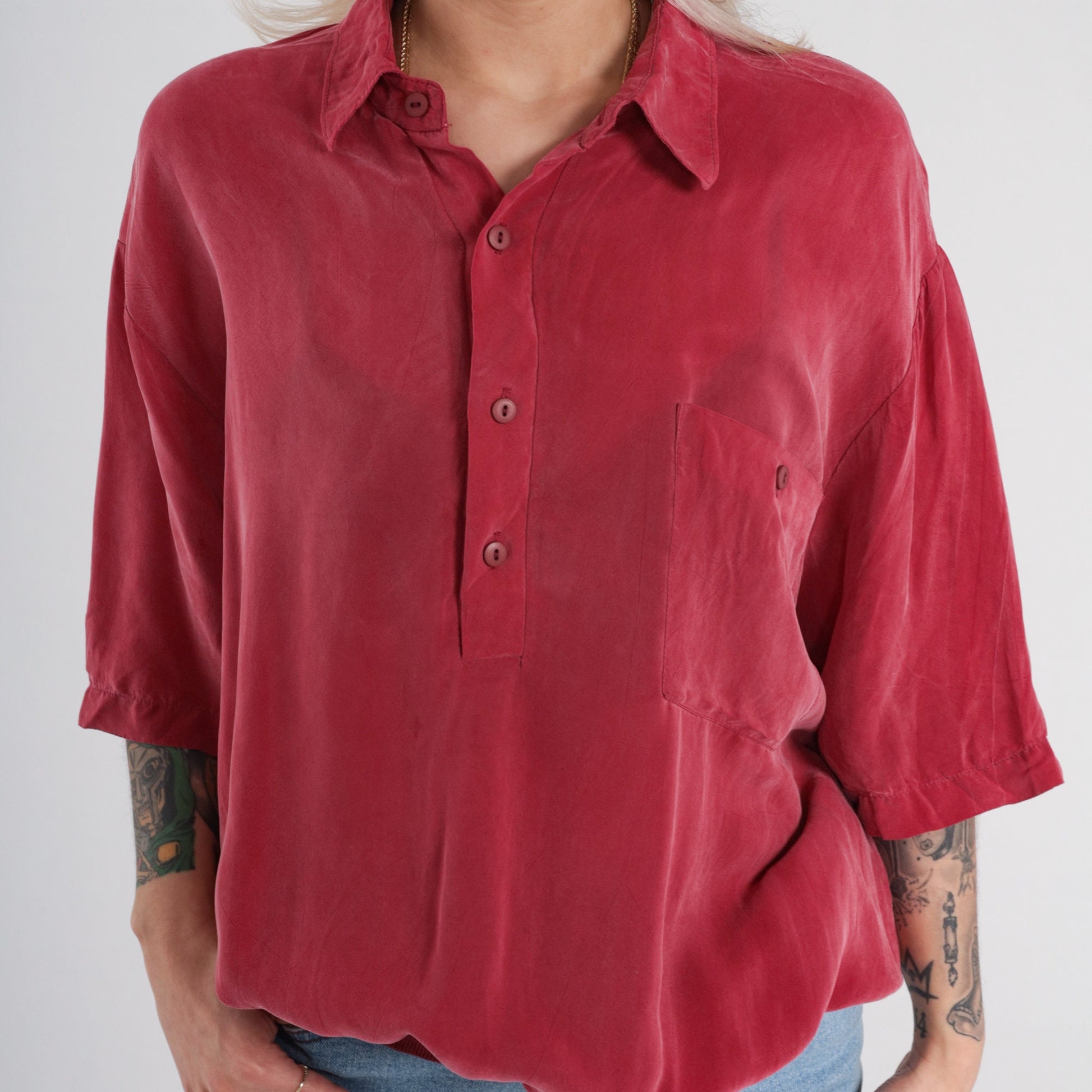 90s Red Polo Shirt Silky Rayon Half Button Collared XL