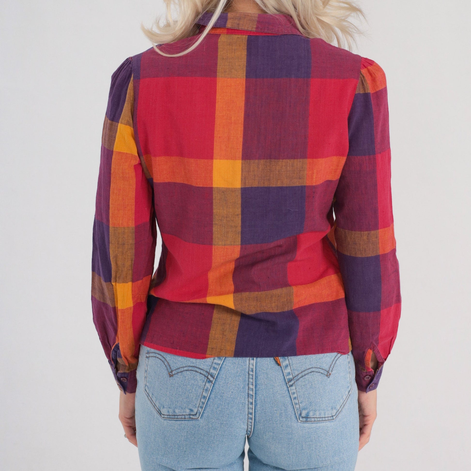 80s Checkered Cotton Puff Sleeve Button-Up Blouse Red Yellow Purple Extra Small