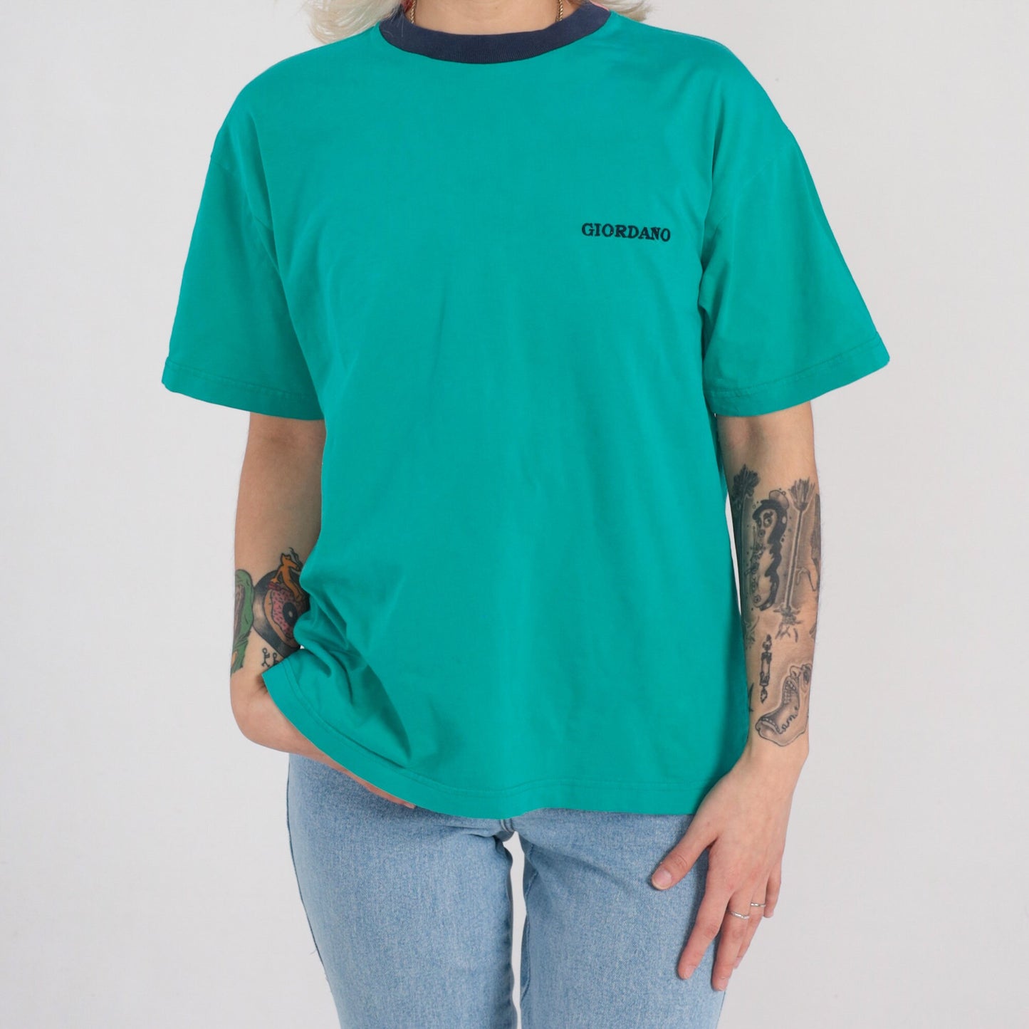 90s Giordano Embroidered Logo T-Shirt Green Navy Ringer Crewneck Medium M