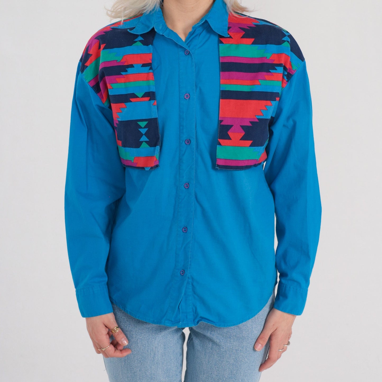 00s Wrangler Blue Southwestern Geometric Yoke Button-Up Shirt Medium M