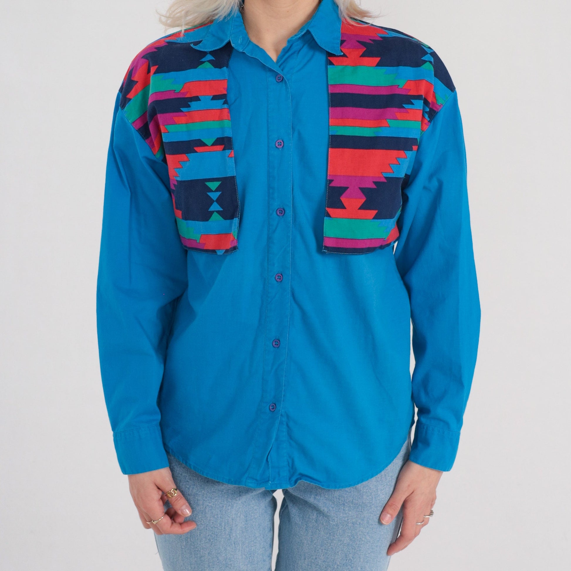 00s Wrangler Blue Southwestern Geometric Yoke Button-Up Shirt Medium M