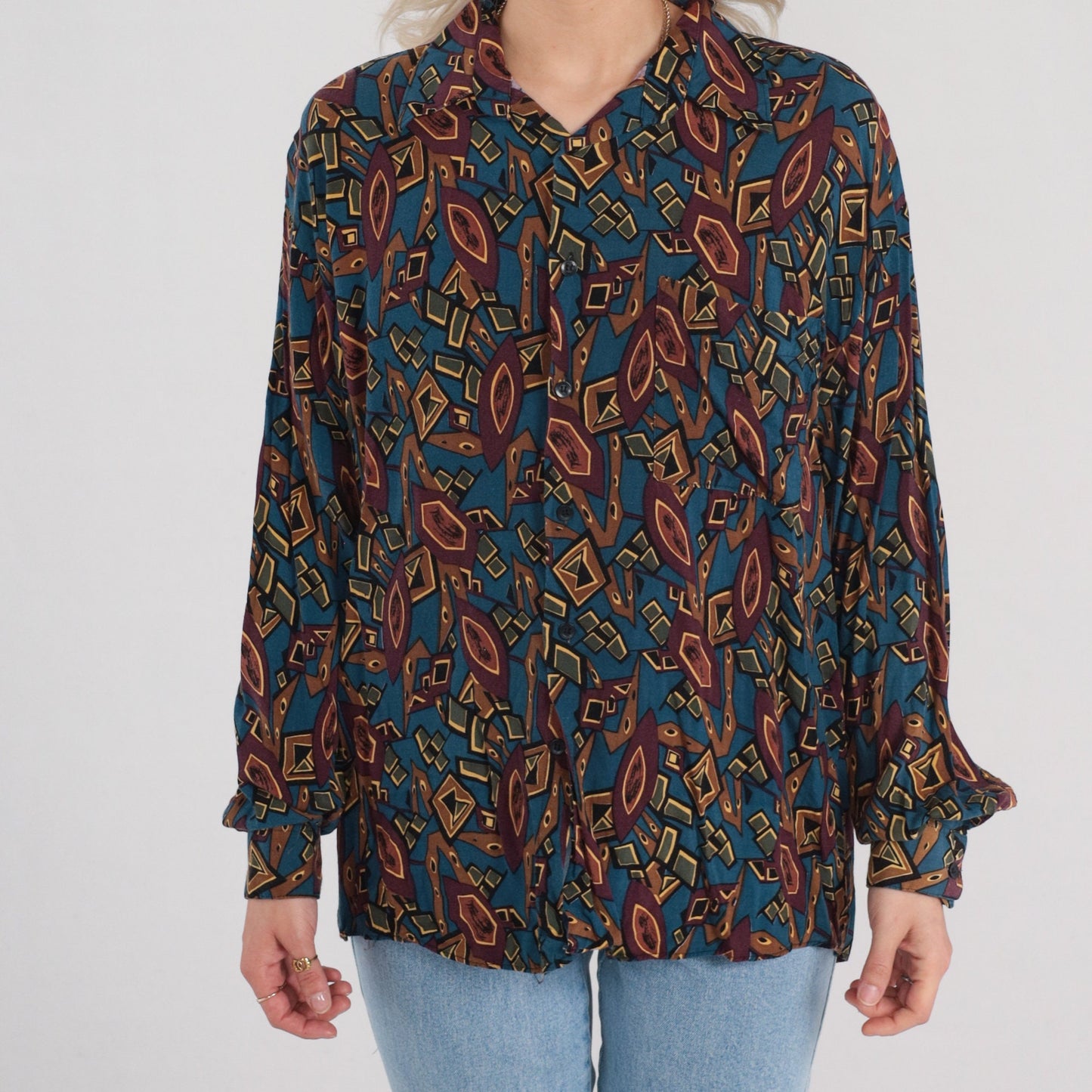 90s Abstract Geometric Button-Up Shirt Long Sleeve Multicolor Large