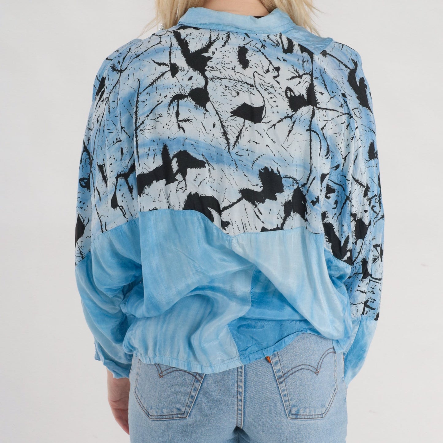 90s Blue Tie Dye Abstract Print Blouse Asymmetrical Dolman Sleeve Large