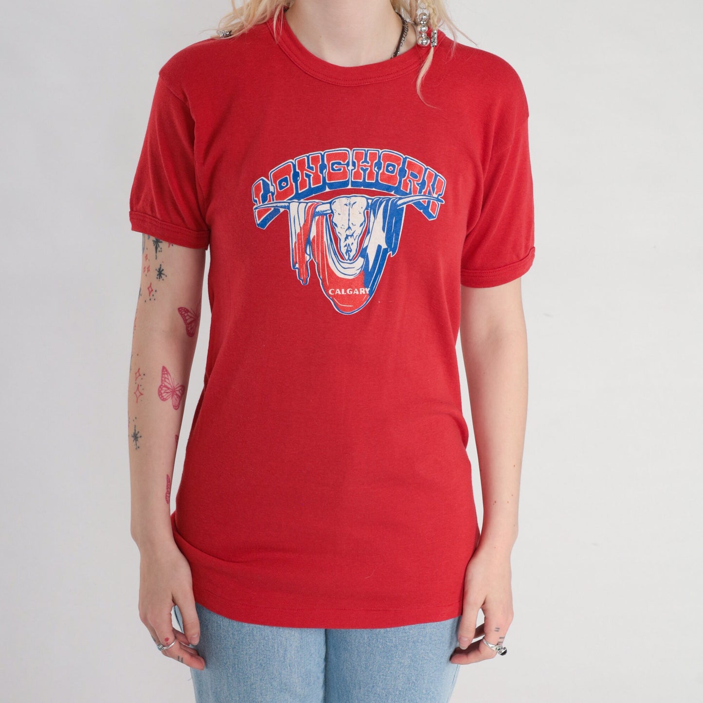 80s Calgary Longhorns Baseball T-Shirt Red Graphic Tee Single Stitch Small