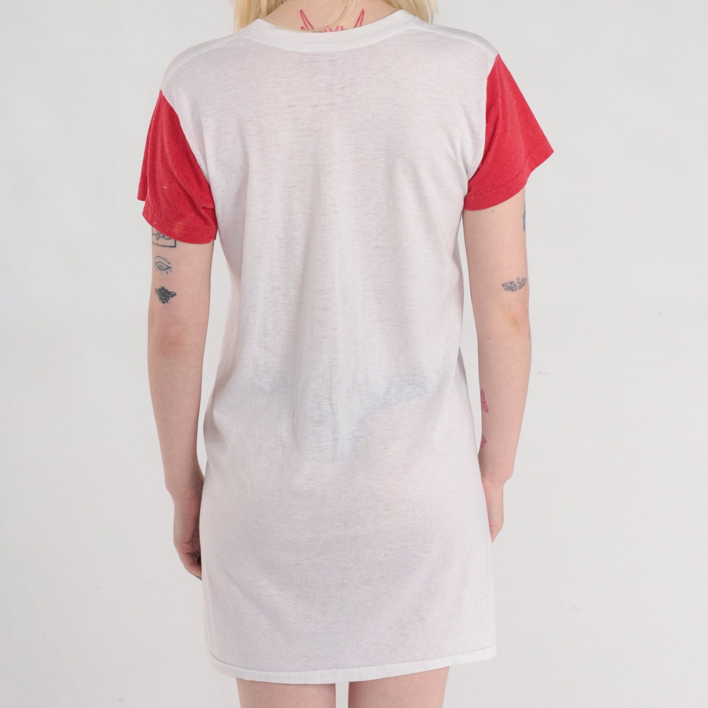 80s California Surfer Graphic T-Shirt Dress Mini White Red Sleeves Small Medium