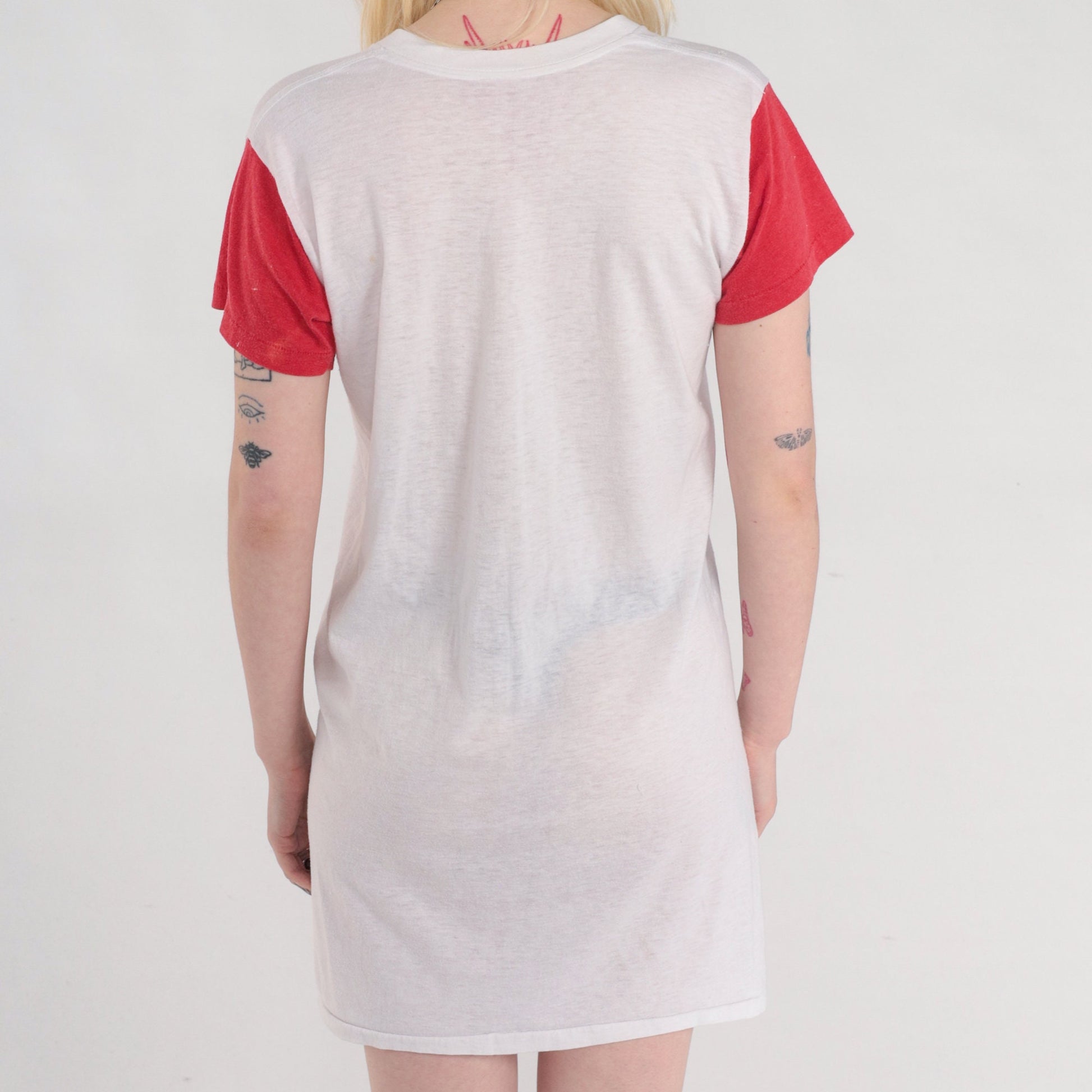 80s California Surfer Graphic T-Shirt Dress Mini White Red Sleeves Small Medium