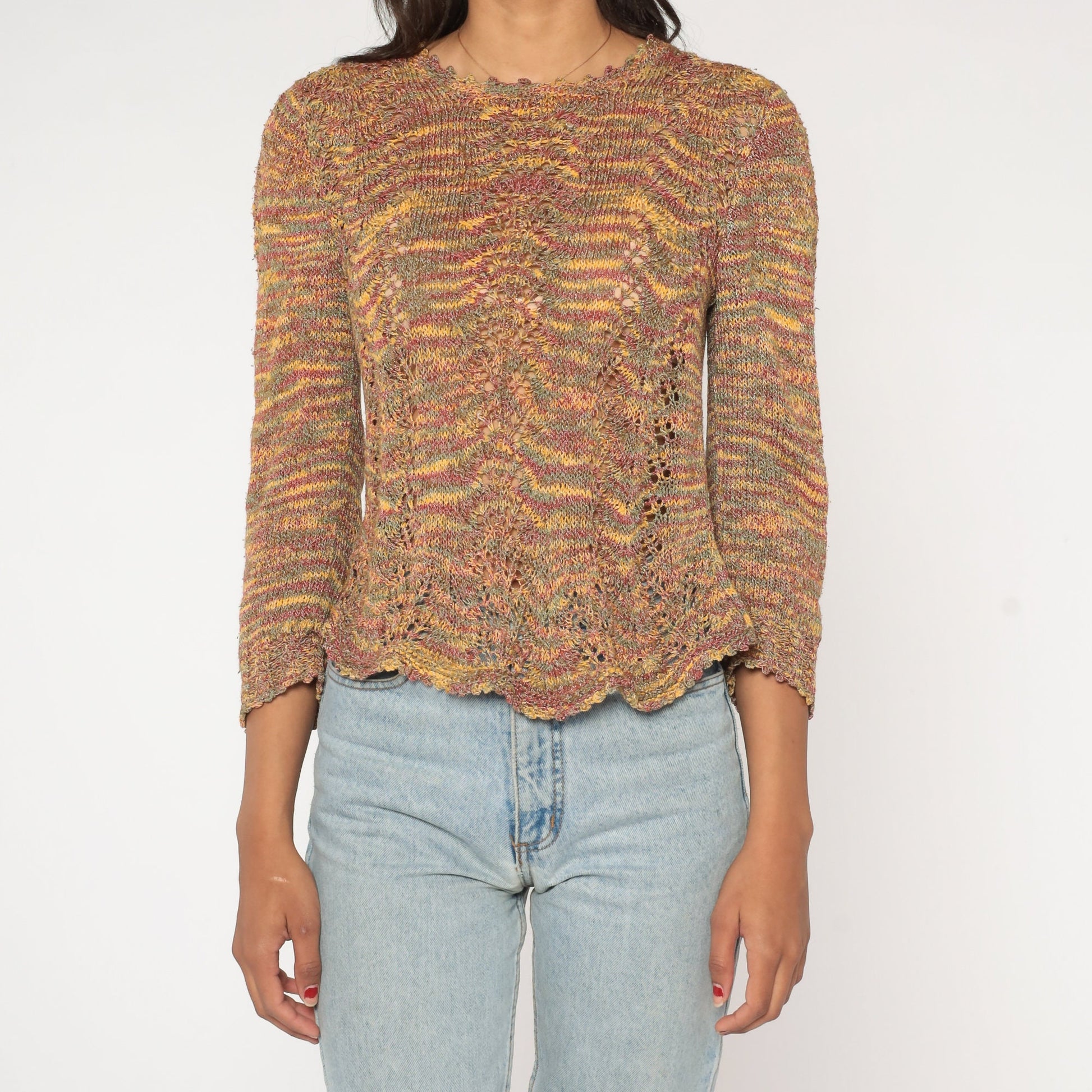 00s Space Dye Open Weave Pointelle Sweater Cut Out Knit Small