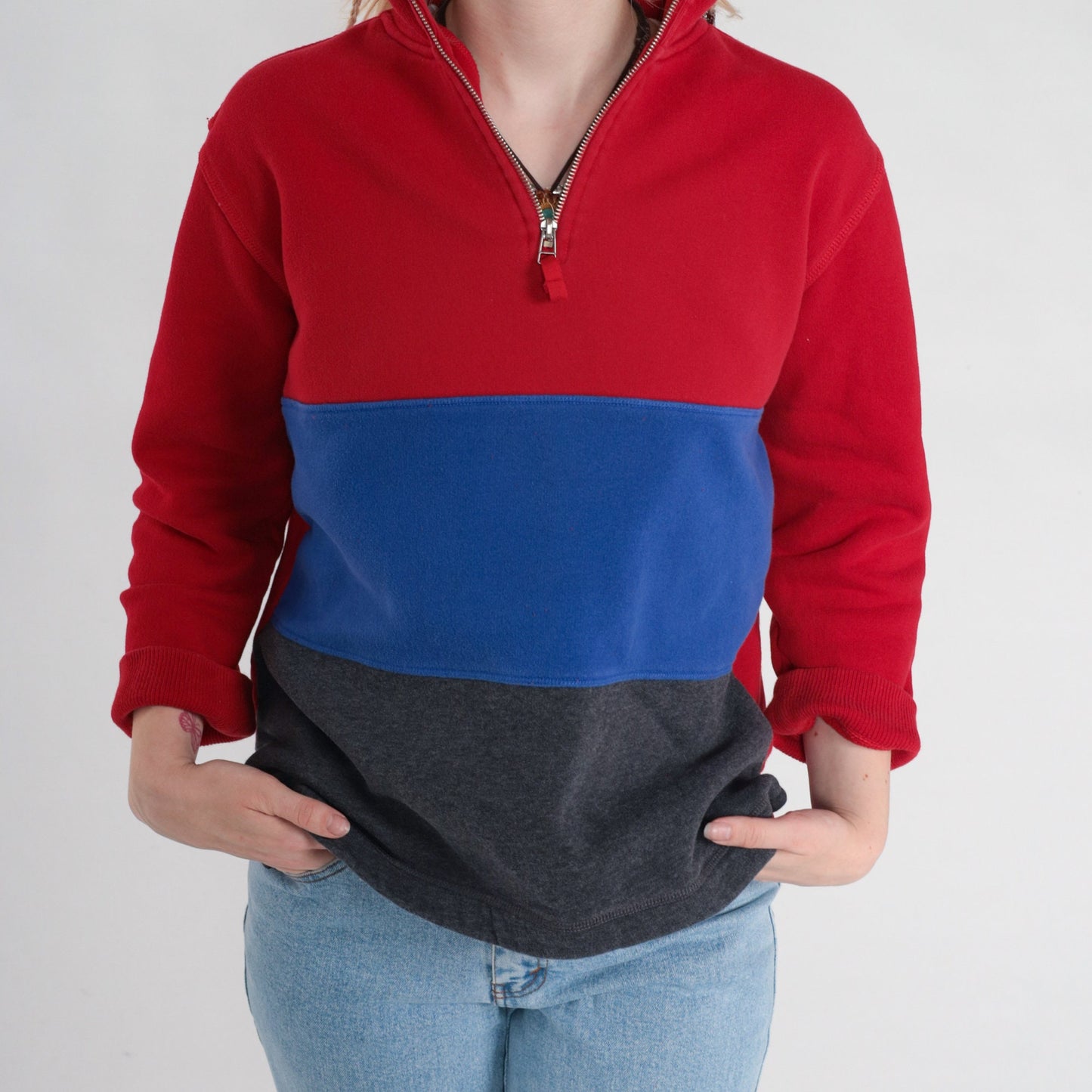 80s Pacers Quarter Zip Sweatshirt Striped Color Block Red Blue Grey Small
