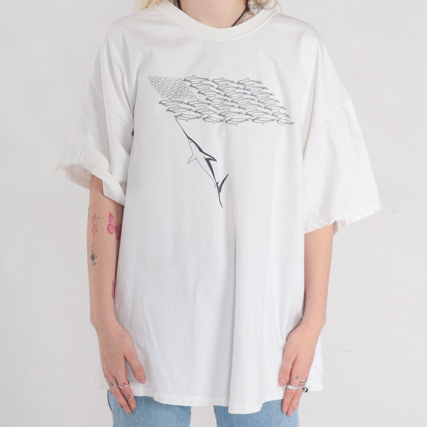 90s Fish Flag Graphic T-Shirt White Cotton Hanes XXL