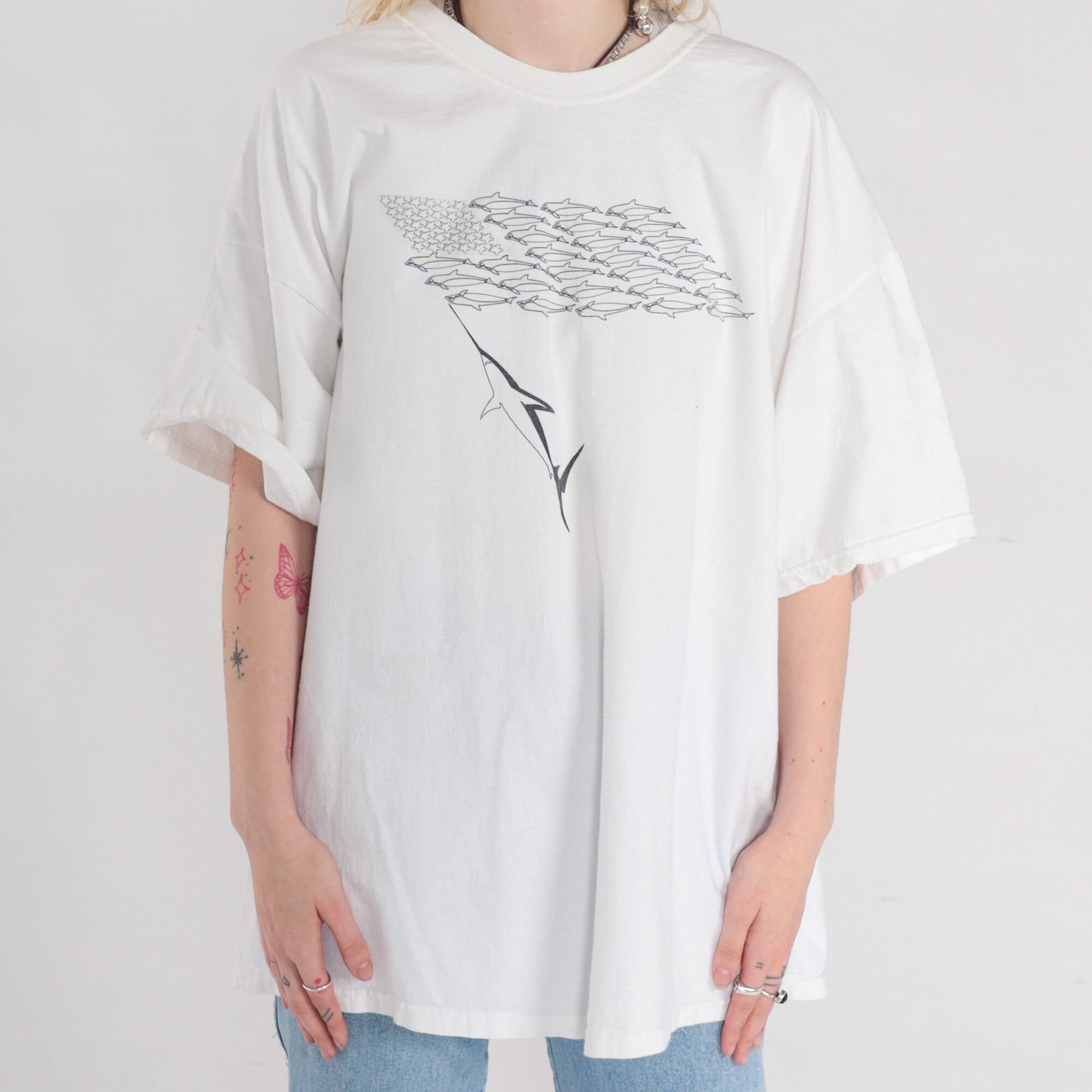 90s Fish Flag Graphic T-Shirt White Cotton Hanes XXL