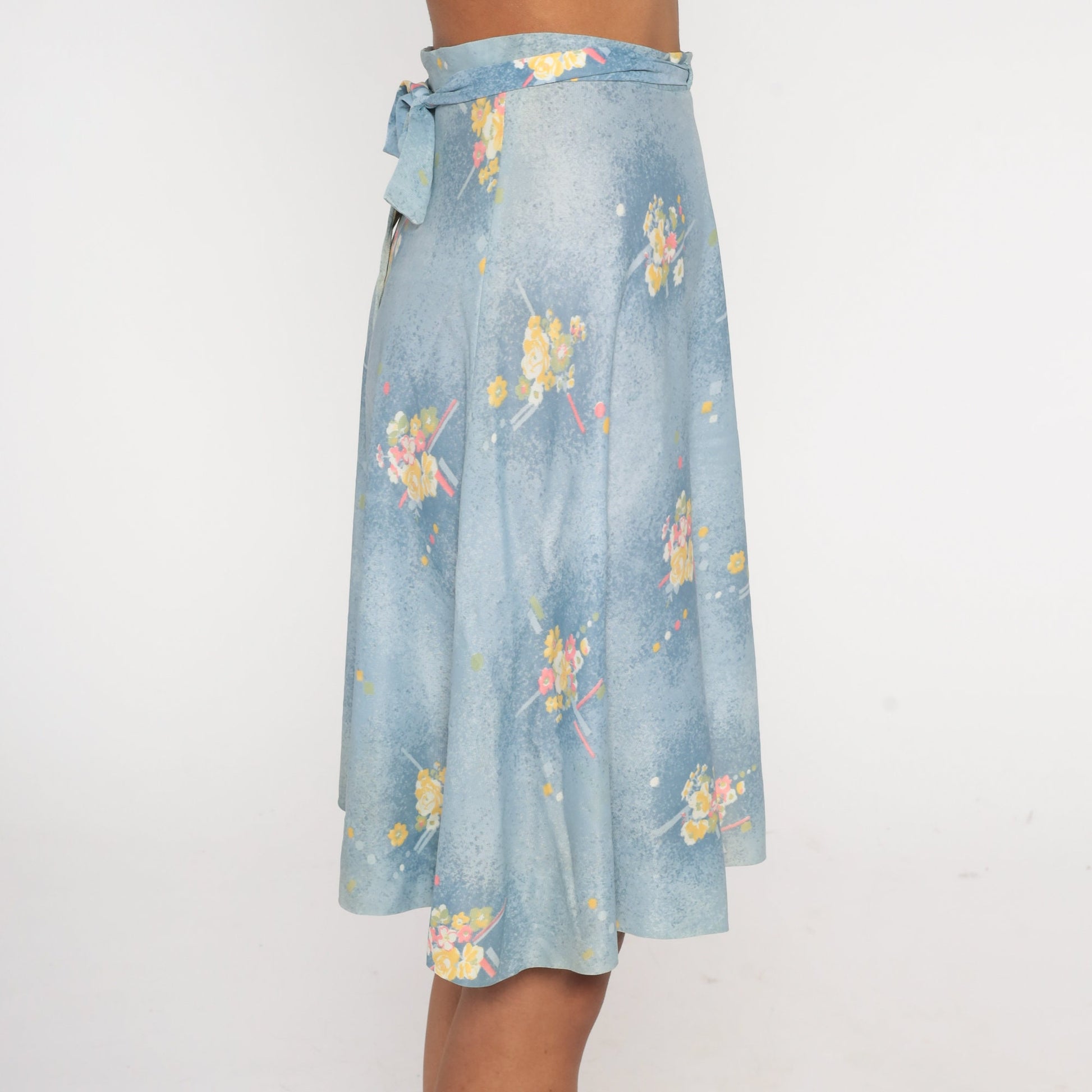 70s Blue Floral Wrap Skirt High Waist Mini Adjustable Belt Small Medium
