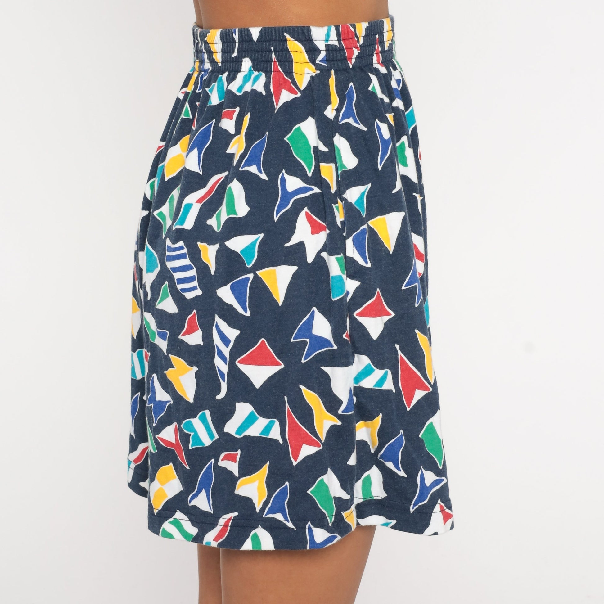 90s Nautical Flag Shorts Dark Blue High Waist Elastic Waist Small