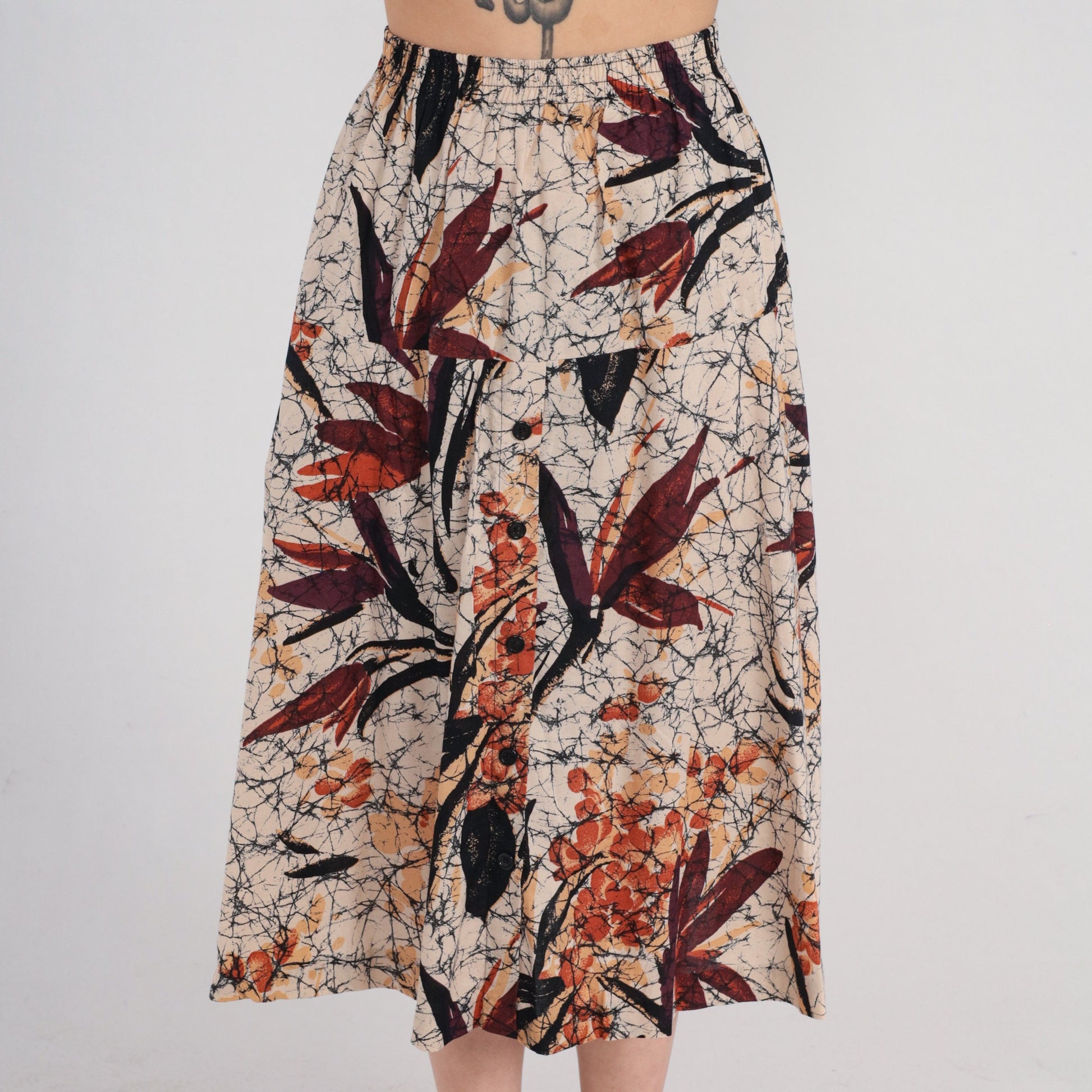 80s Tan Floral Leaf Print Midi Skirt Button Front High Waist Small Medium