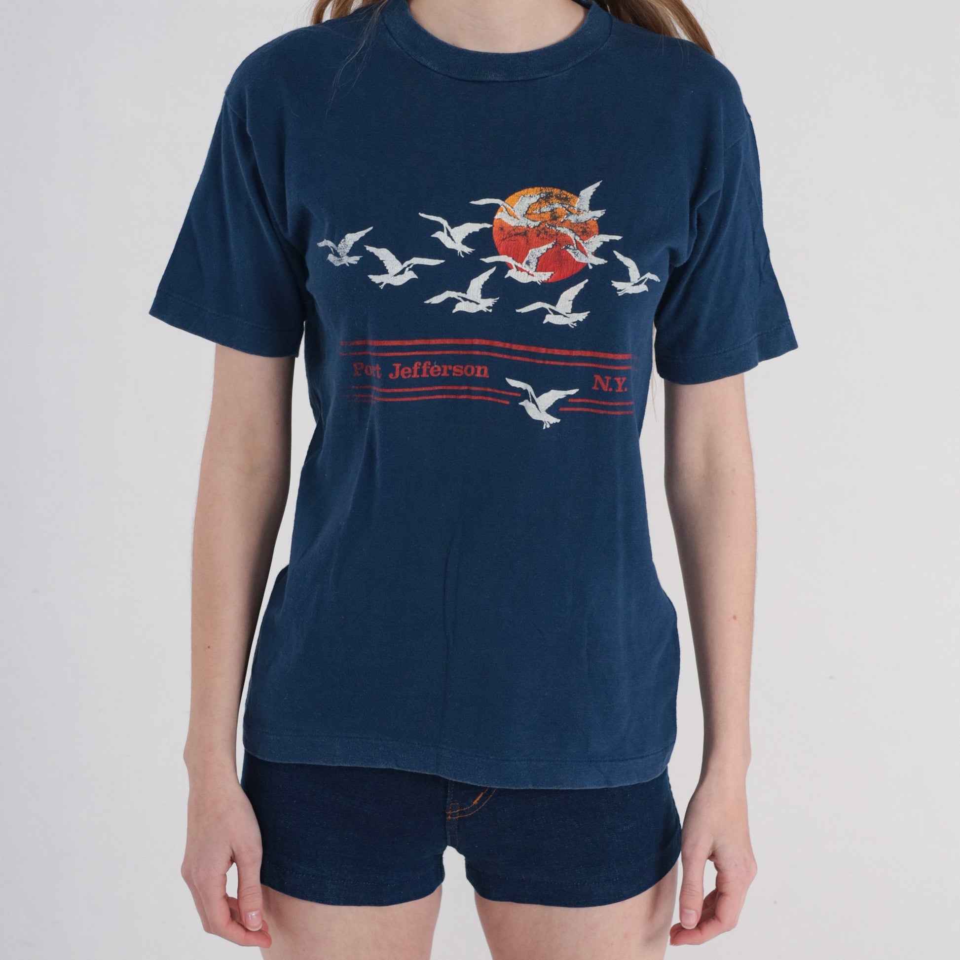 80s Port Jefferson New York Seagull Sunset Graphic T-Shirt Navy Single Stitch Small