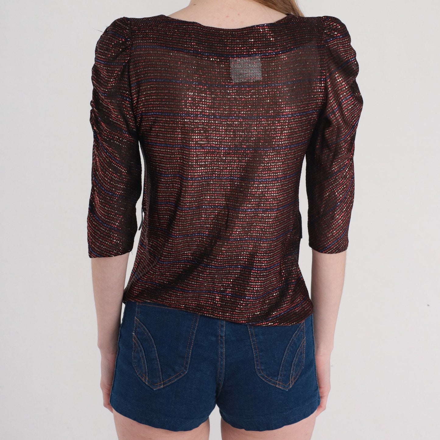 80s Metallic Striped Puff Sleeve Blouse Semi-Sheer Red Blue Black Gold Extra Small