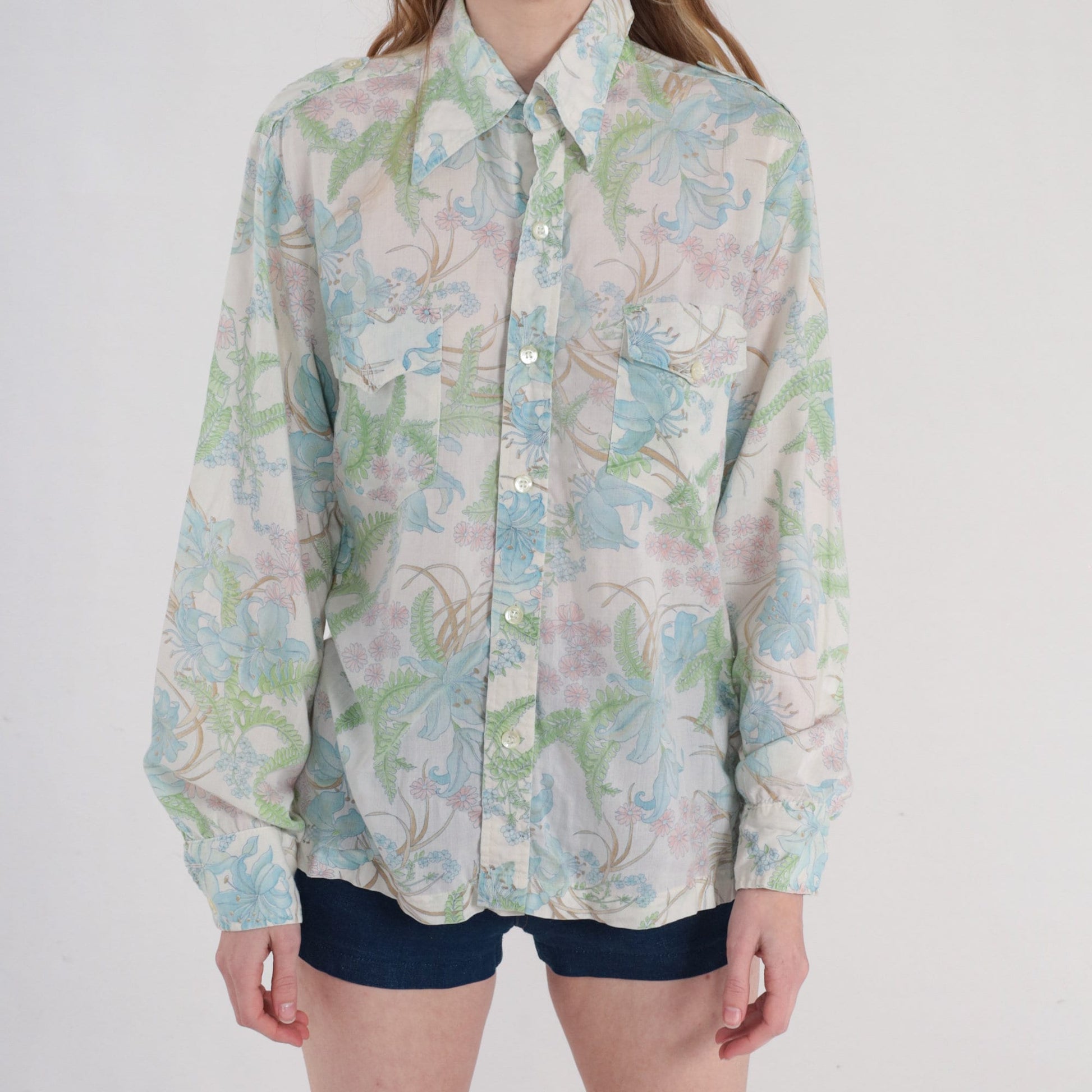 70s Botanical Floral Button-Up Shirt Fern Leaf Print Long Sleeve Large L