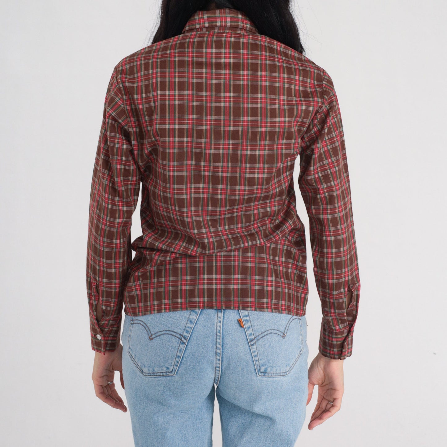 80s Clan Tartans Brown Plaid Button-Up Shirt Long Sleeve Extra Small