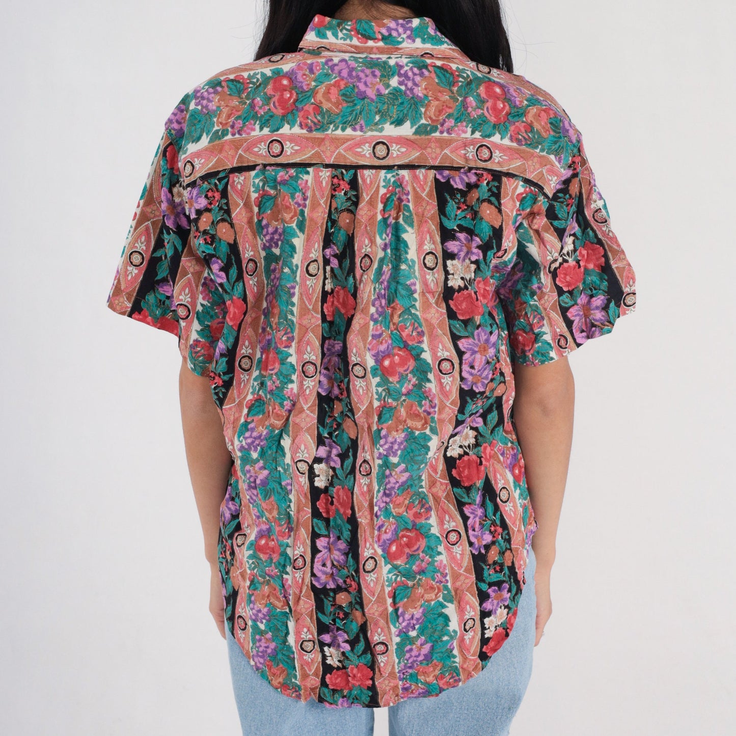 90s Striped Floral Fruit Print Cotton Button-Up Blouse Short Sleeve Small