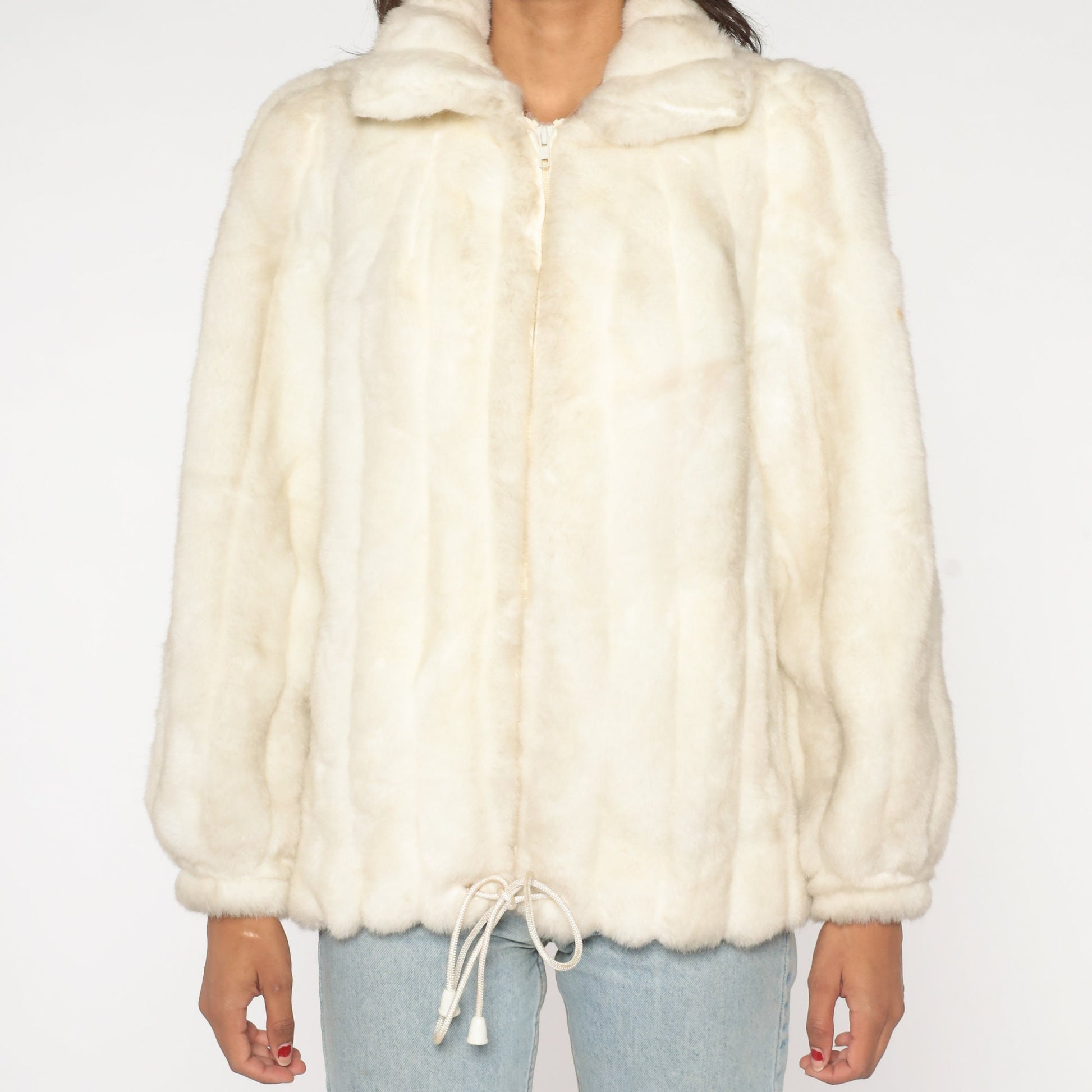 80s Jordache Faux Fur Coat Cream Zip-Up Jacket Medium