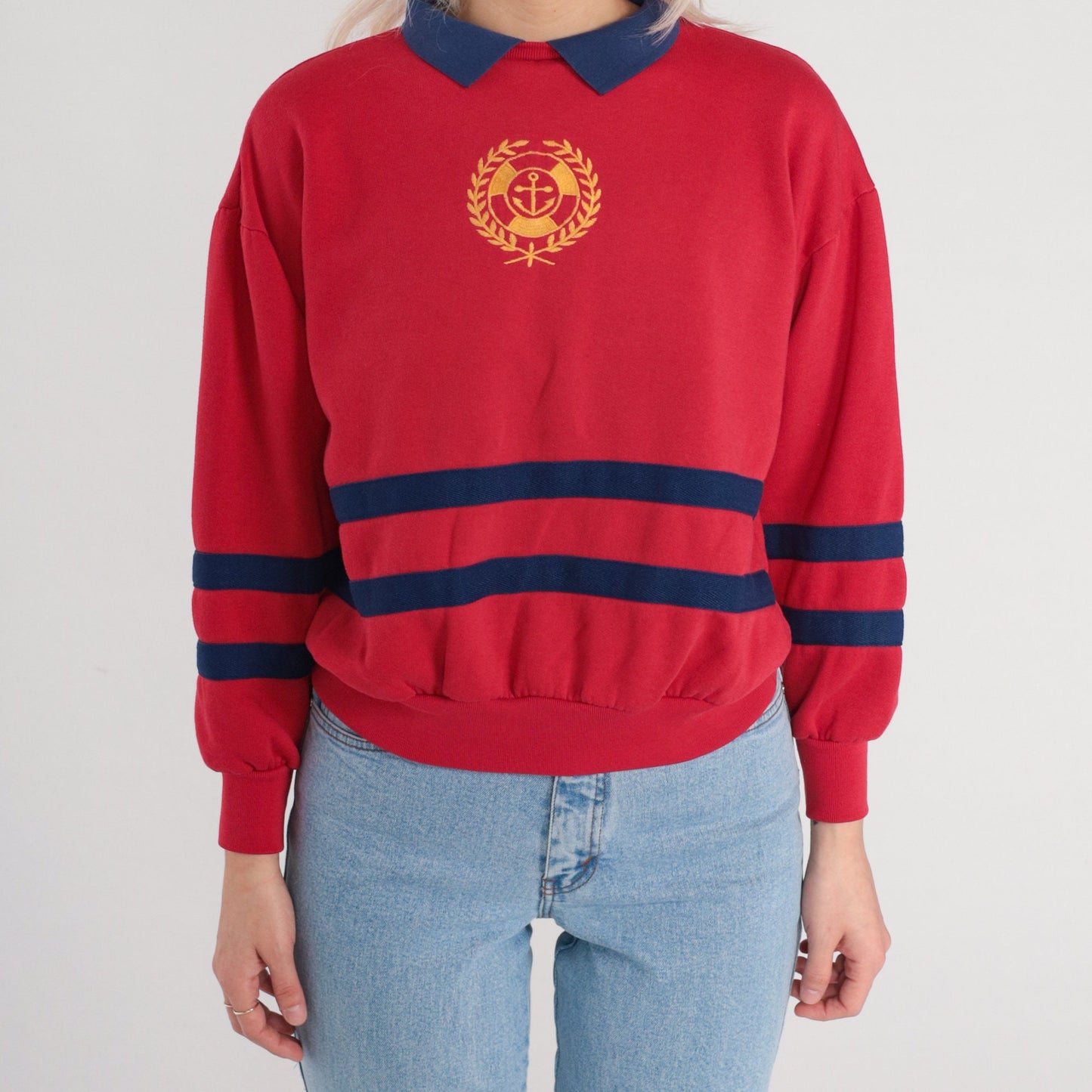 90s Red Anchor Nautical Collared Sweatshirt Blue Striped Pullover Small S