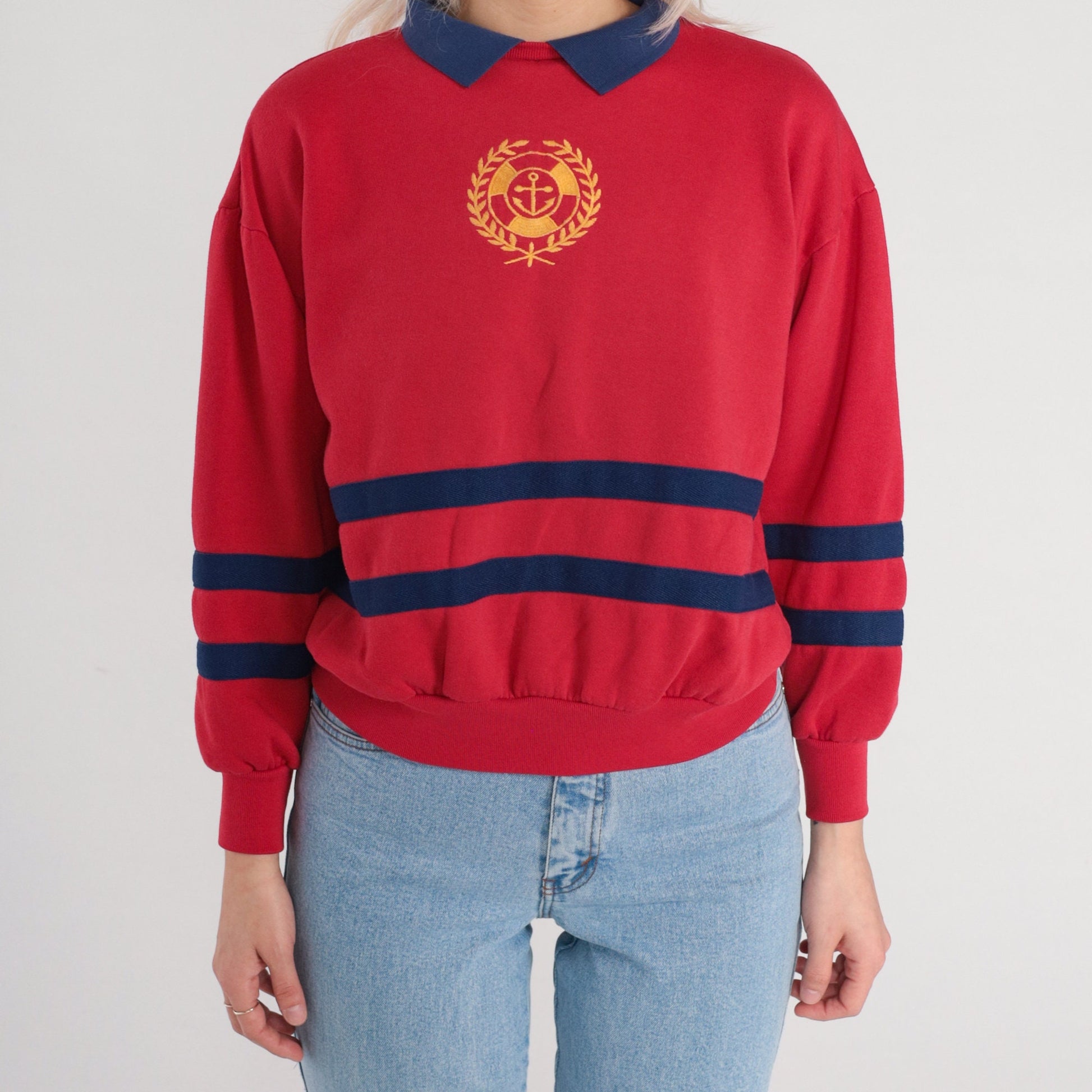 90s Red Anchor Nautical Collared Sweatshirt Blue Striped Pullover Small S