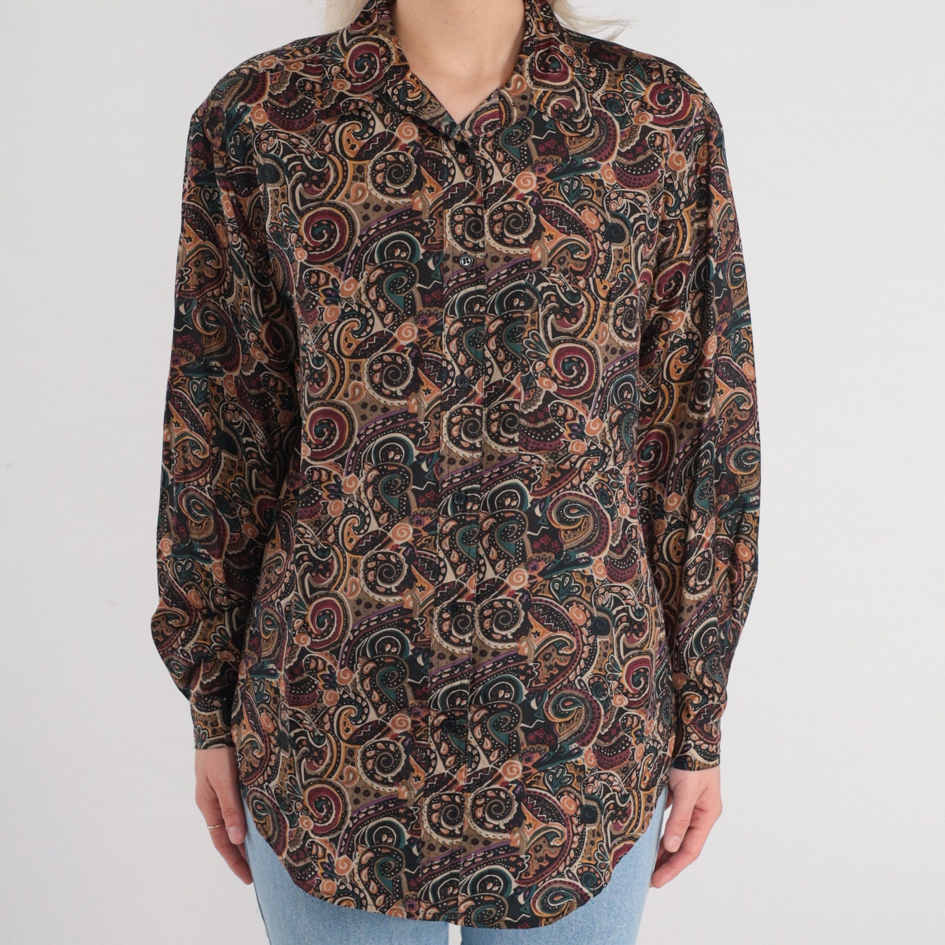 90s Silk Button-Up Blouse Abstract Paisley Swirl Print Brown Long Sleeve Small S