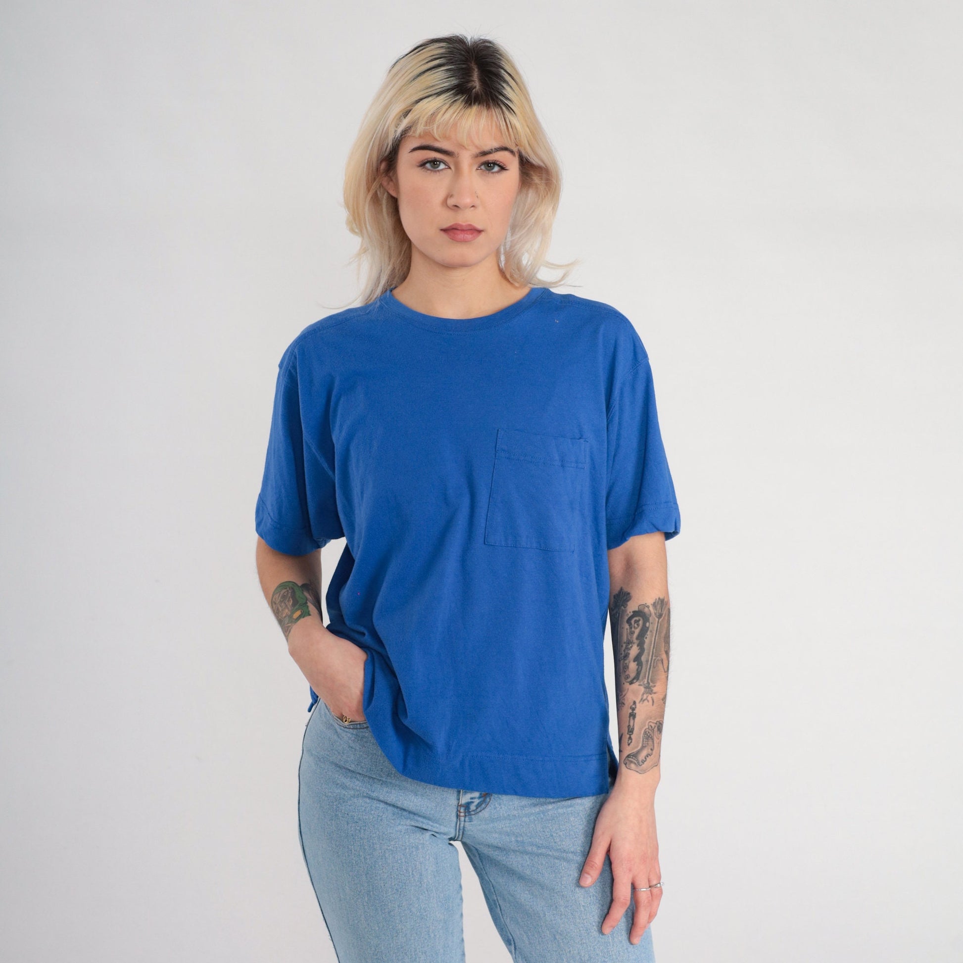 90s Blue Pocket T-Shirt Cotton Blend Short Sleeve Tee Side Slits Large L