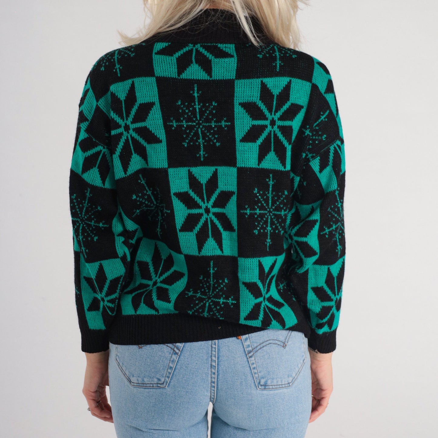 80s Snowflake Mock Neck Sweater Black Green Checkered Knit Pullover Small