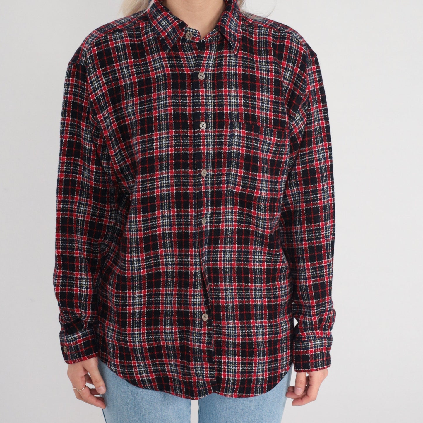 90s Red Plaid Flannel Button-Up Shirt Cotton Long Sleeve Large L