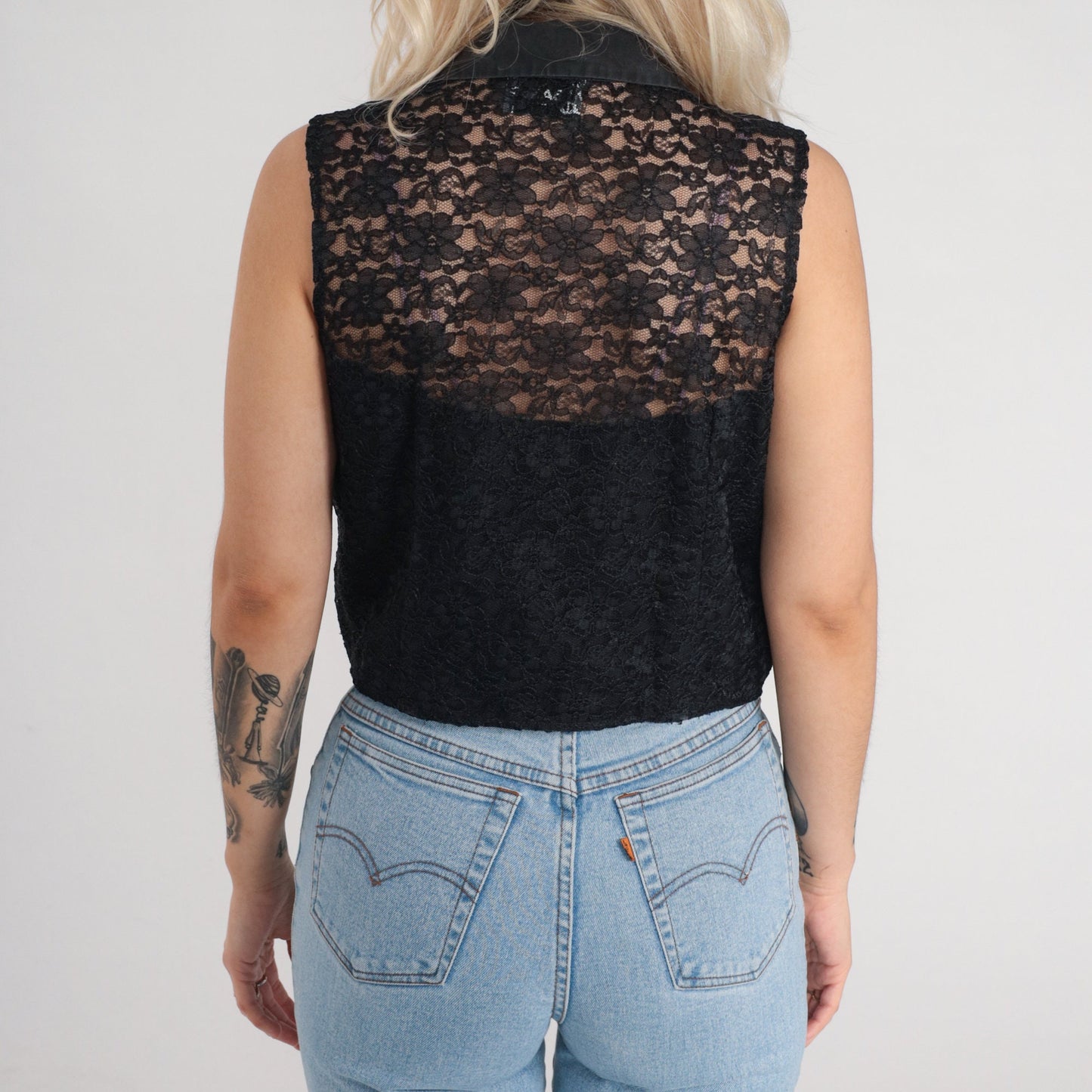 90s Black Lace Floral Vest Sheer Zip-Up Sleeveless Top Medium