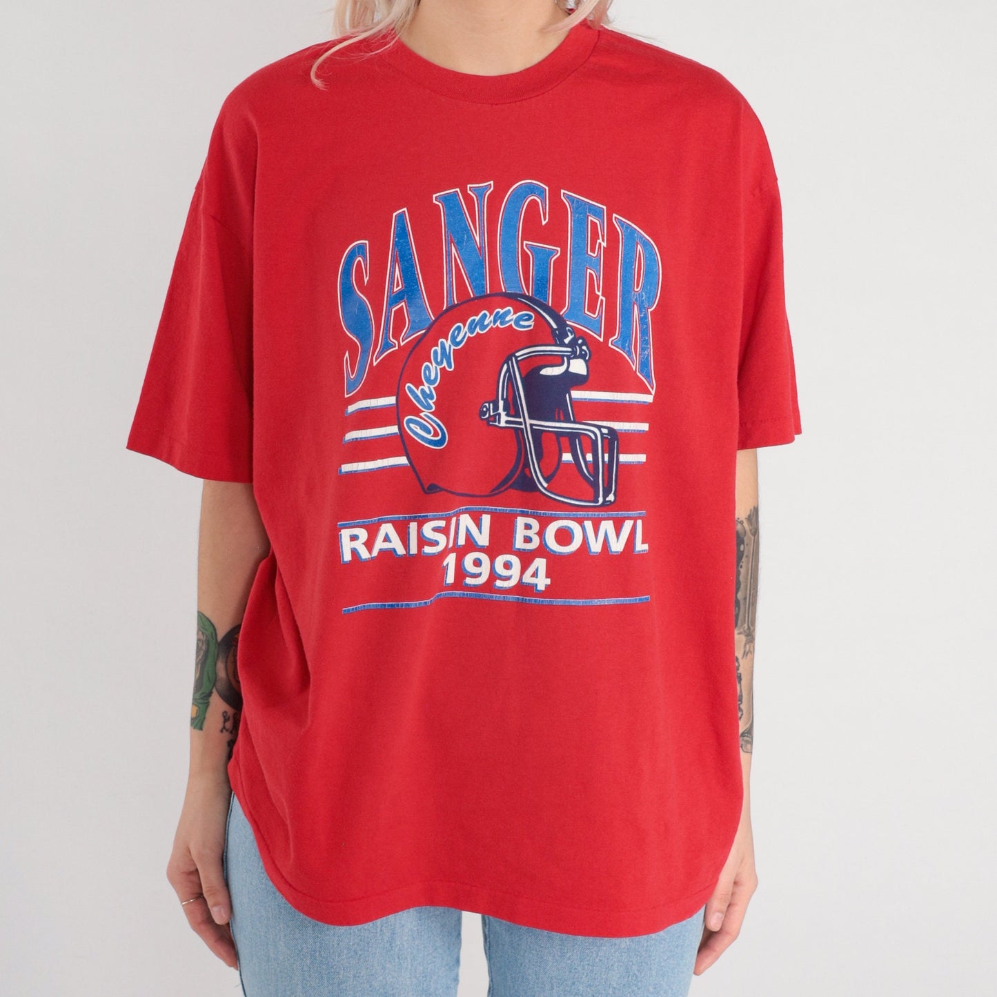 1994 Raisin Bowl Sanger Cheyenne Football Graphic T-Shirt White Extra Large XL