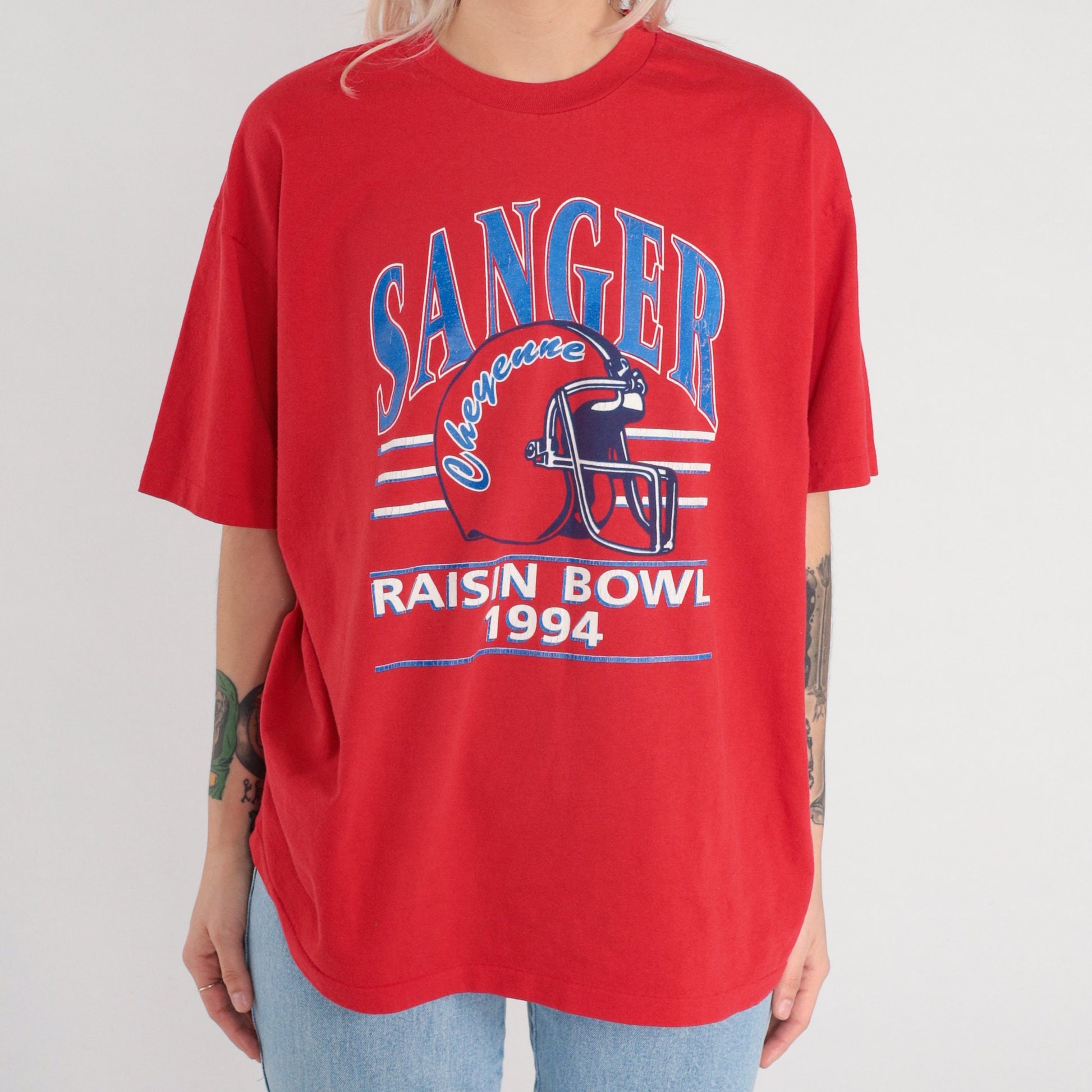 1994 Raisin Bowl Sanger Cheyenne Football Graphic T-Shirt White Extra Large XL