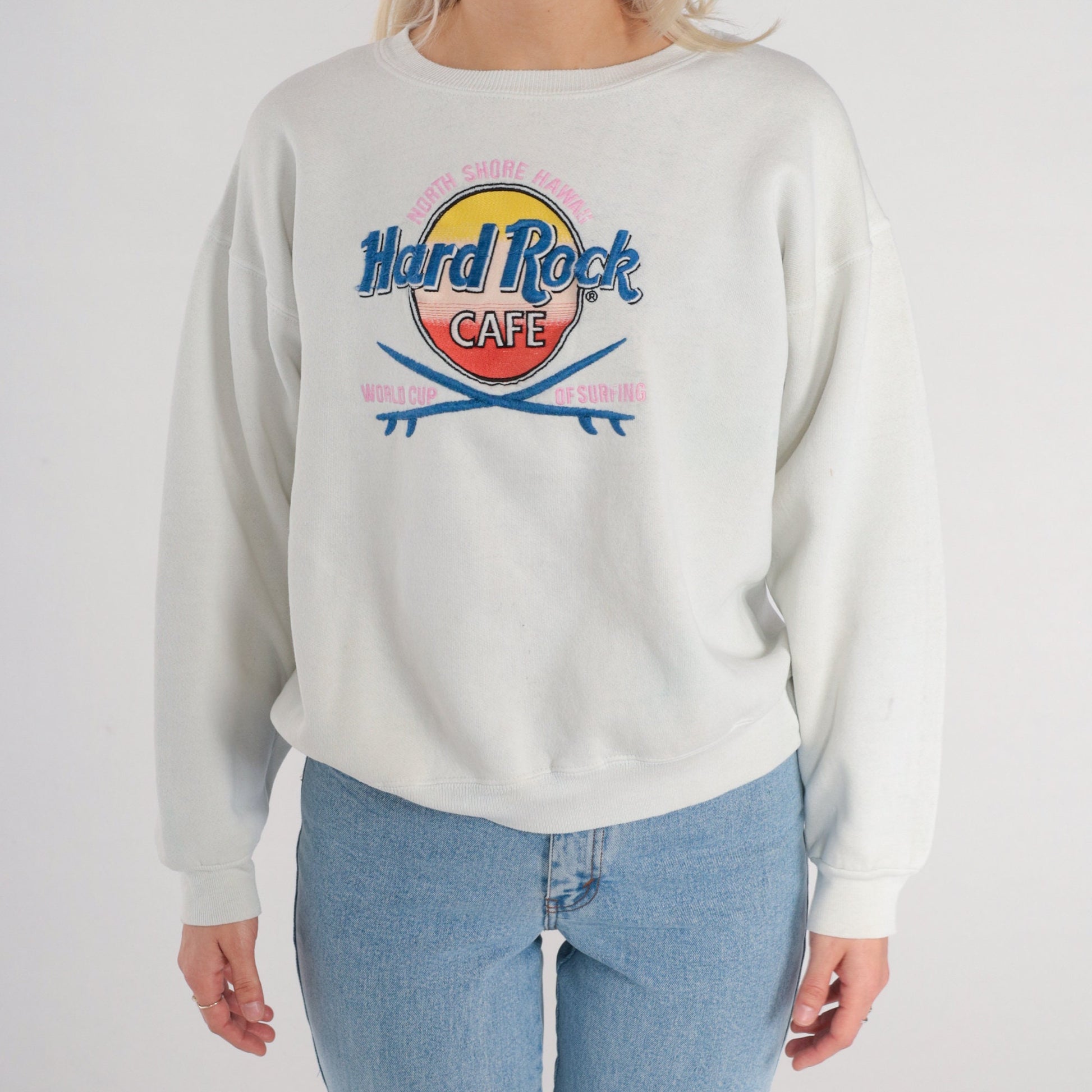 90s Hard Rock Cafe World Cup of Surfing Sweatshirt White Graphic Large L