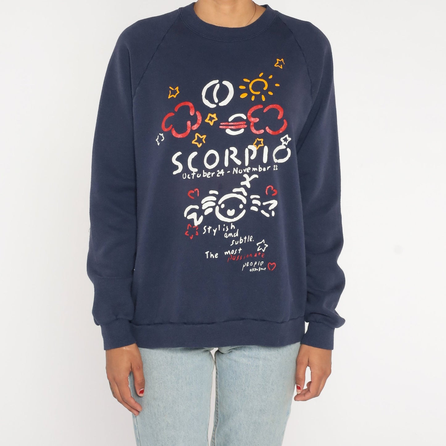 90s Ken Done Scorpio Zodiac Astrology Sweatshirt Navy Raglan Medium