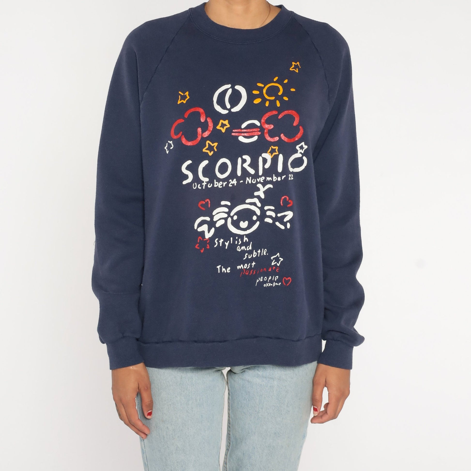 90s Ken Done Scorpio Zodiac Astrology Sweatshirt Navy Raglan Medium